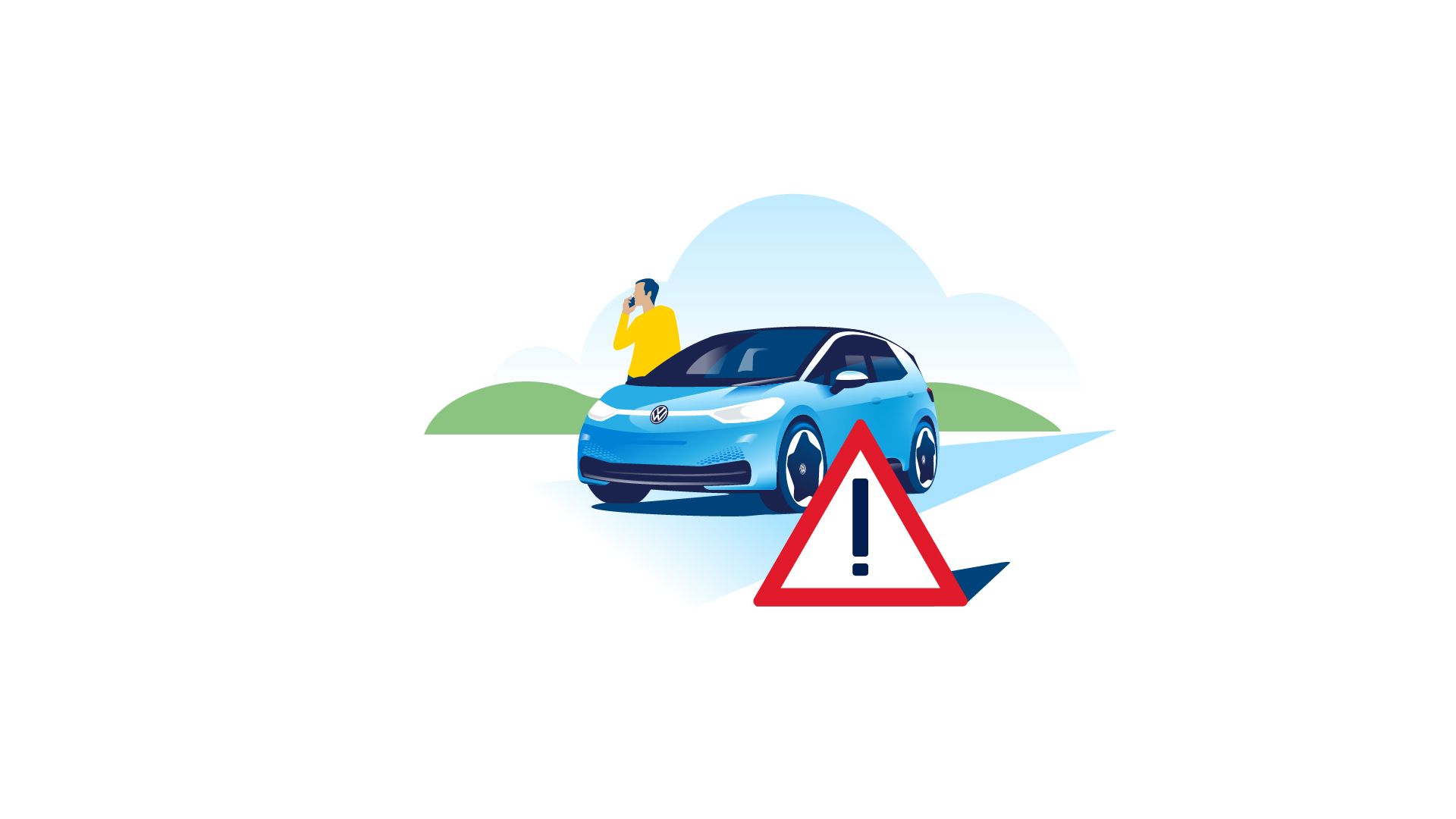 An illustration depicting a person making a phone call to Volkswagen Roadside Assistance on his broken down electric vehicle with a hazard sign placed in front of his vehicle.