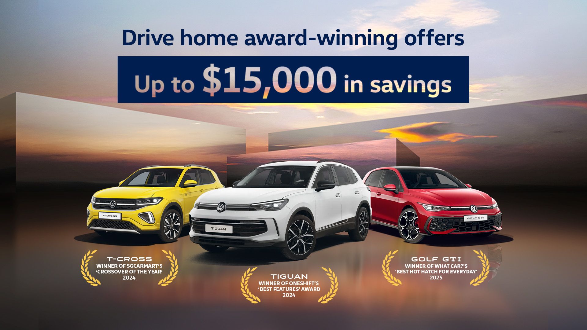 A yellow T-Cross, white Tiguan and red Golf GTI showcased against a beautiful sunset