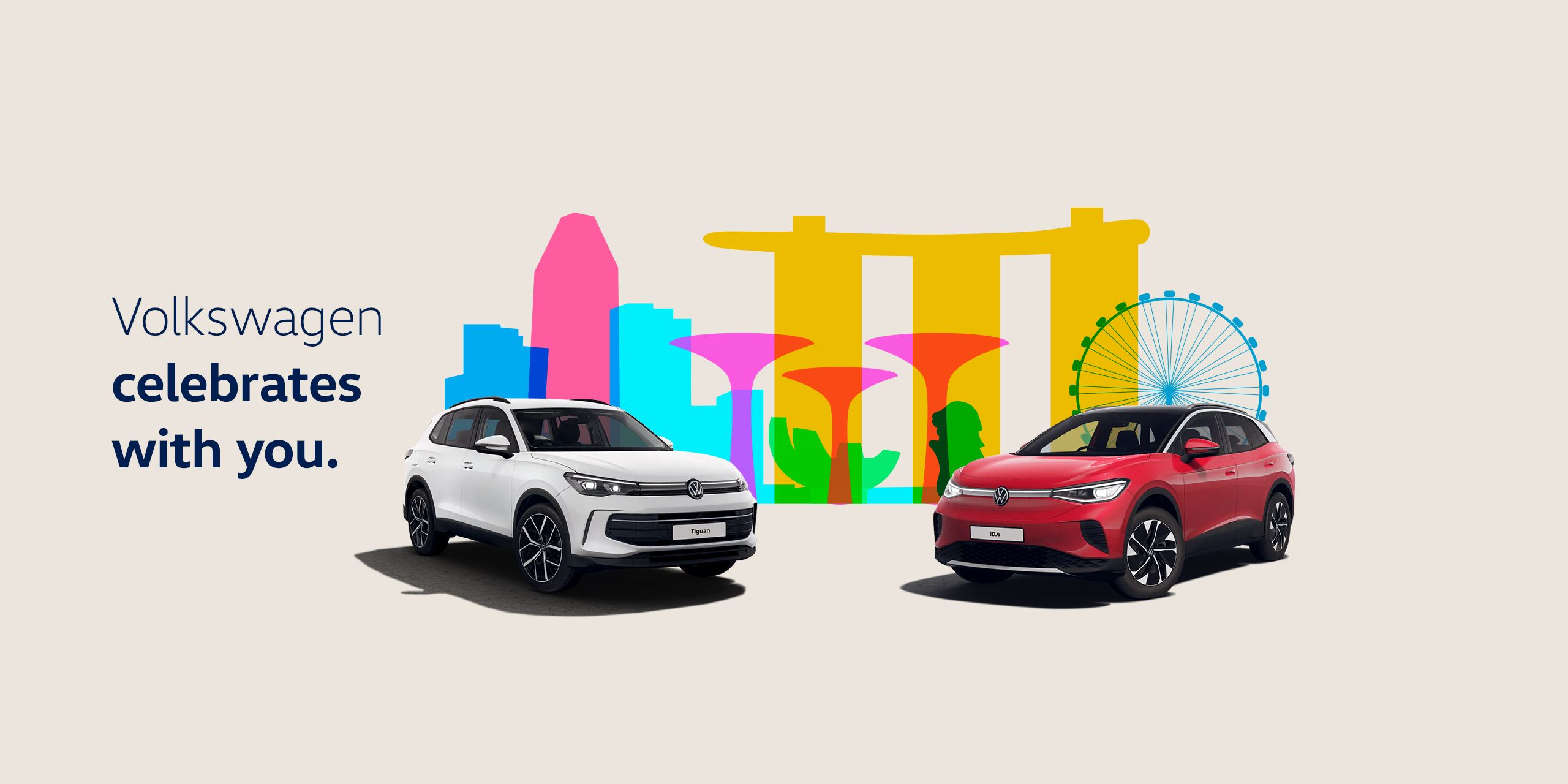 A white Tiguan and red ID.4 showcased against the colourful silhouette of the city 