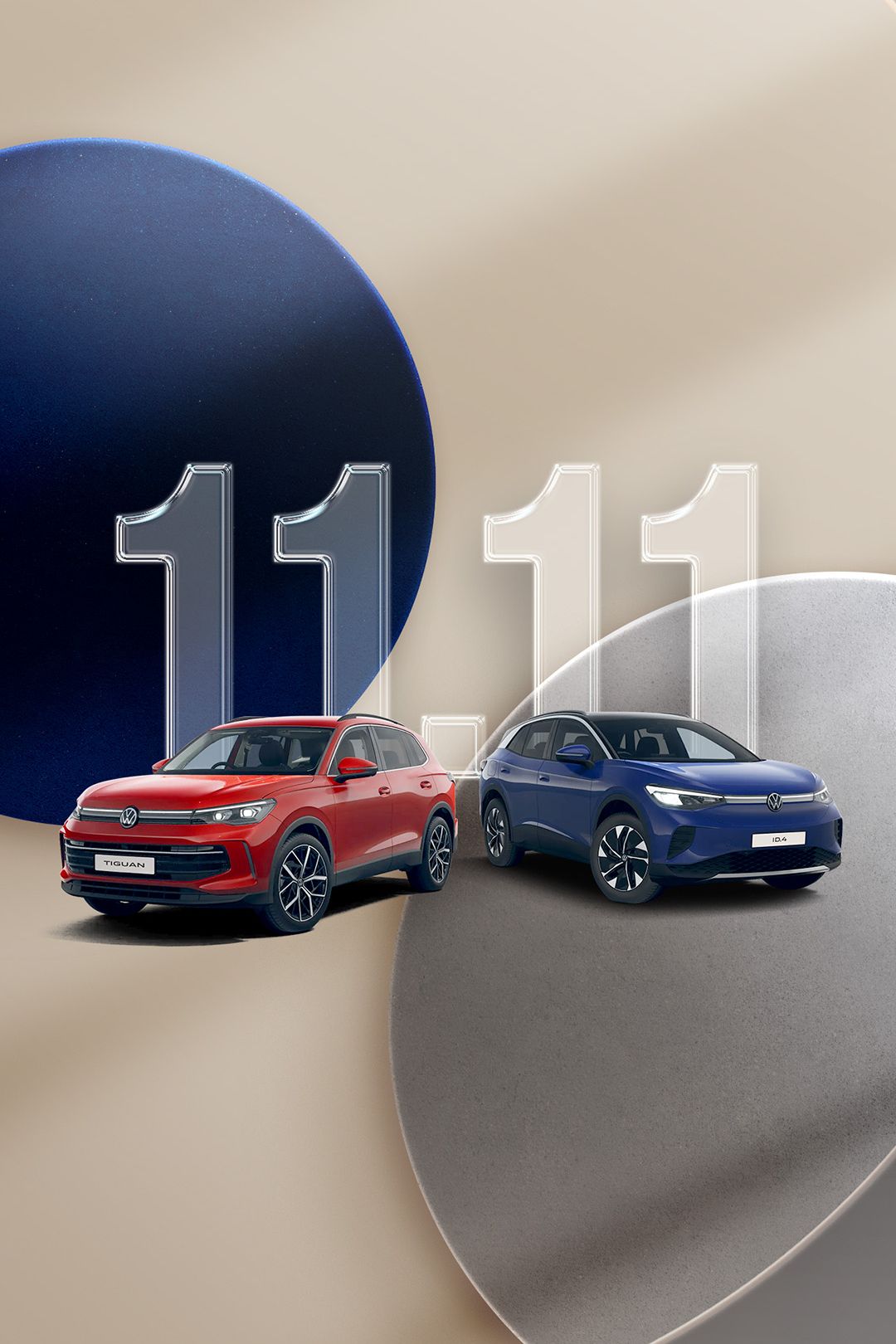 A red Tiguan and blue ID.4 displayed against an abstract background