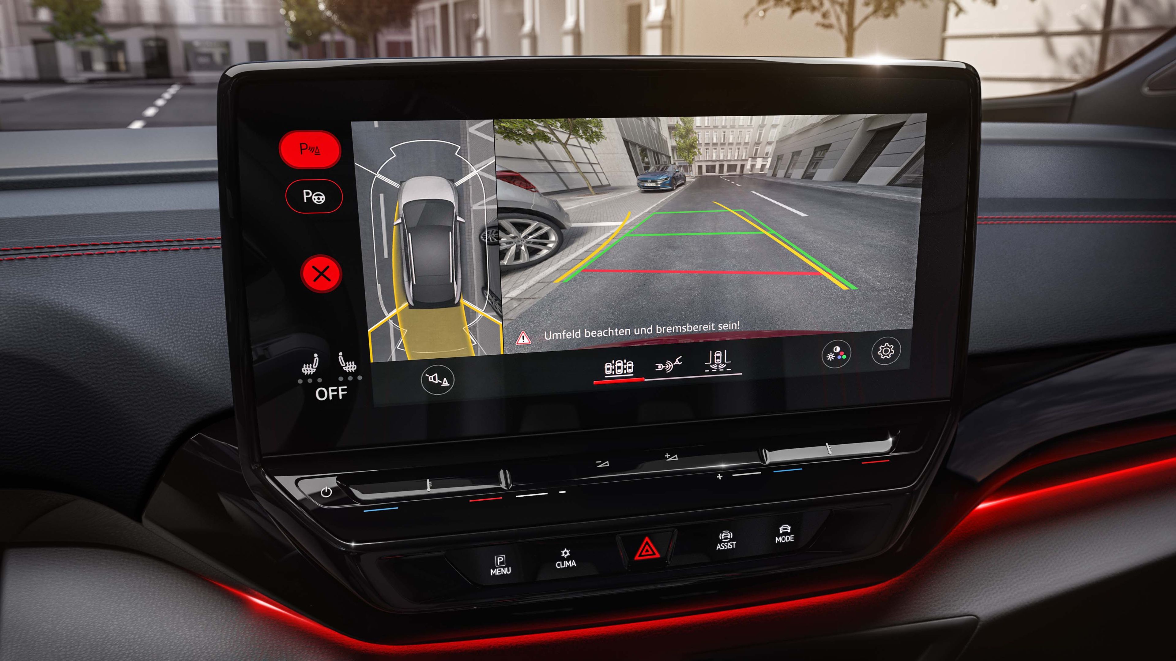 The ID.4 GTX manoeuvres through tight scenarios withPark Assist Plus, a system that regulates distances to the parking space.