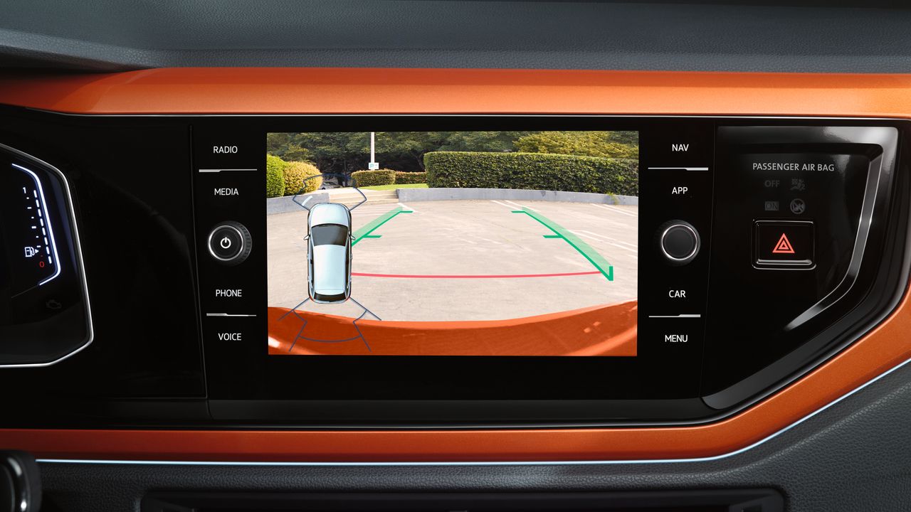 The rear view camera triggered via the infotainment system in a Volkswagen vehicle.