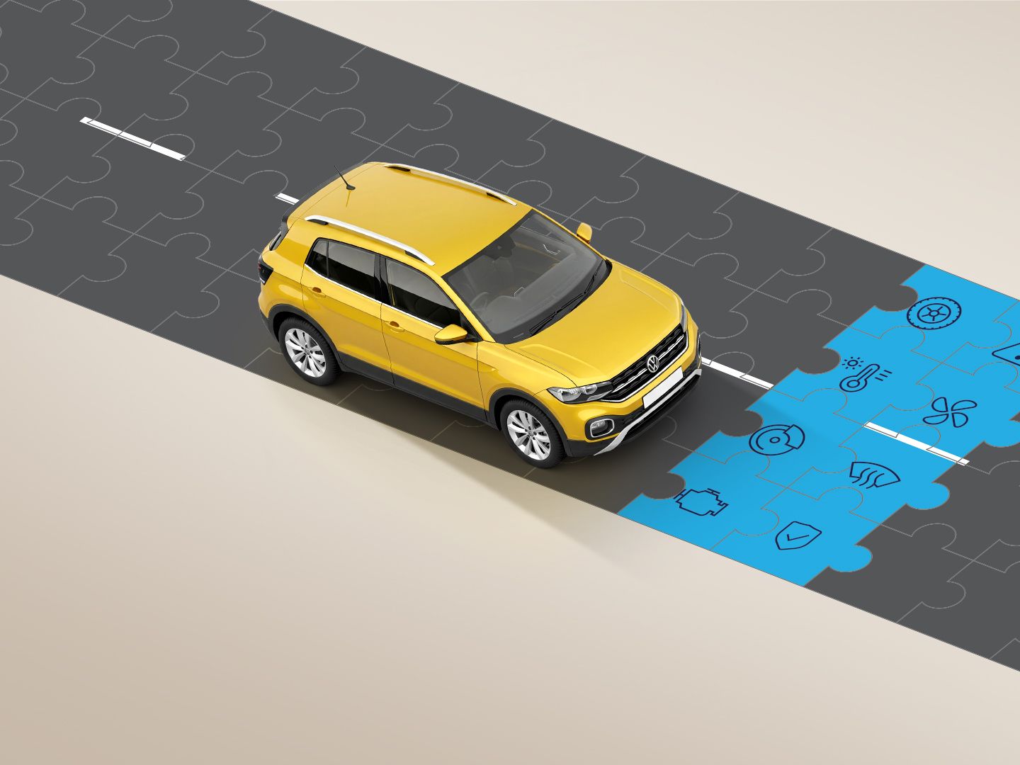 A yellow T-Cross on a jigsaw puzzle road  
