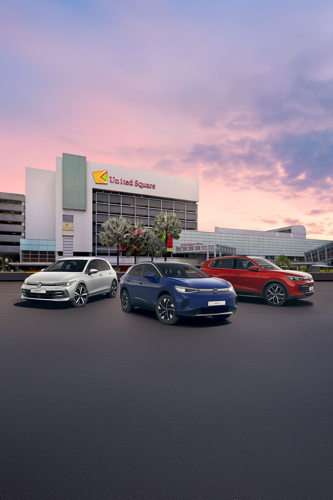 Volkswagen cars, from the Golf and ID.4 to the Tiguan, lined up in front of United Square.