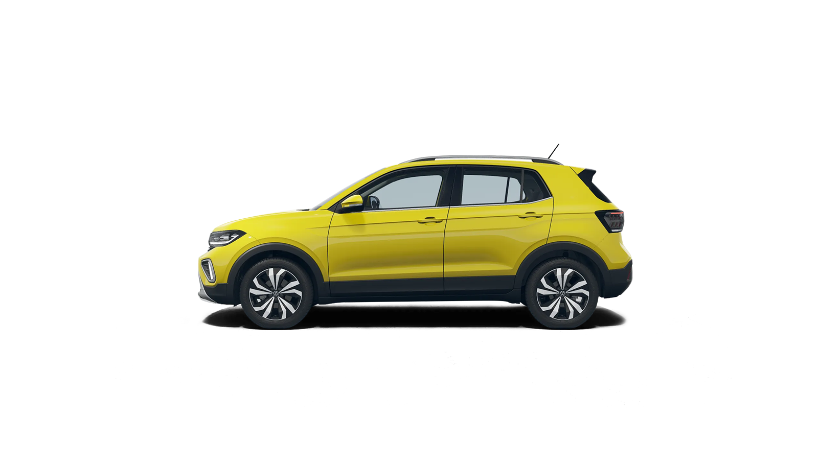 Side facing Grape Yellow Volkswagen T-Cross on a contrasted background