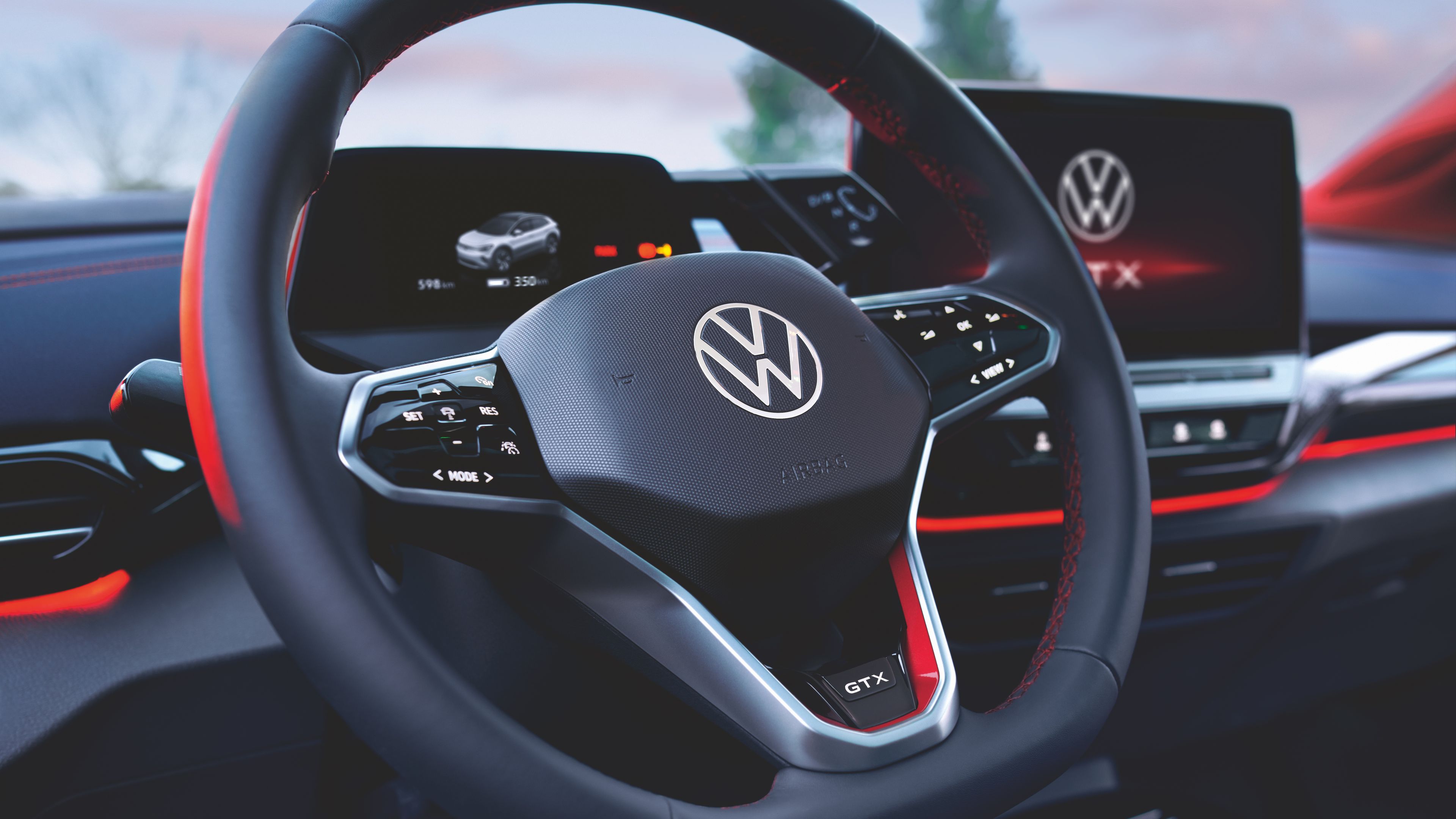 A close up of the steering wheel of the Volkswagen ID.4 GTX that offers enhanced stability and traction.