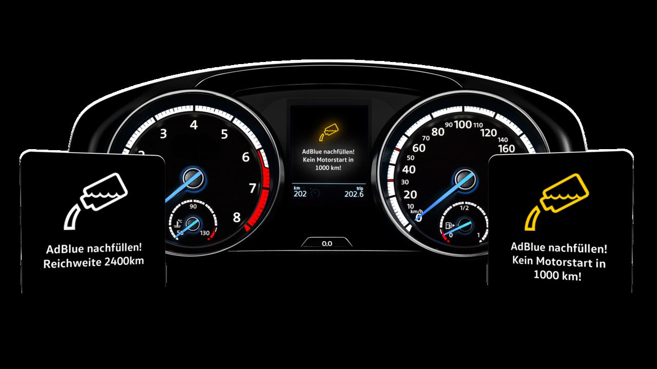 A close up view of an Adblue signal being triggered on a Volkswagen vehicle's driver information system.