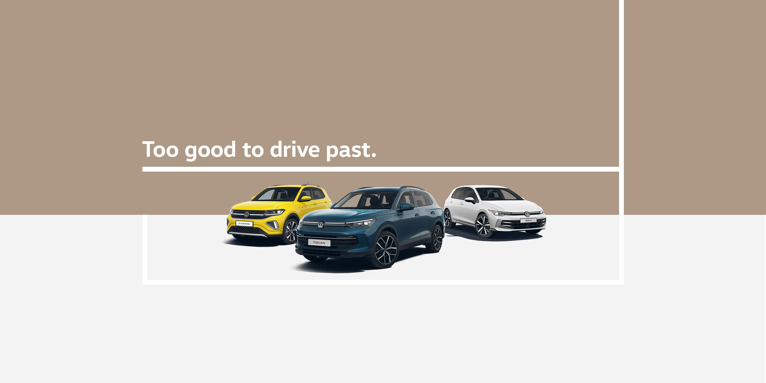The new Golf, T-Cross, and Tiguan models showcased against a muted background