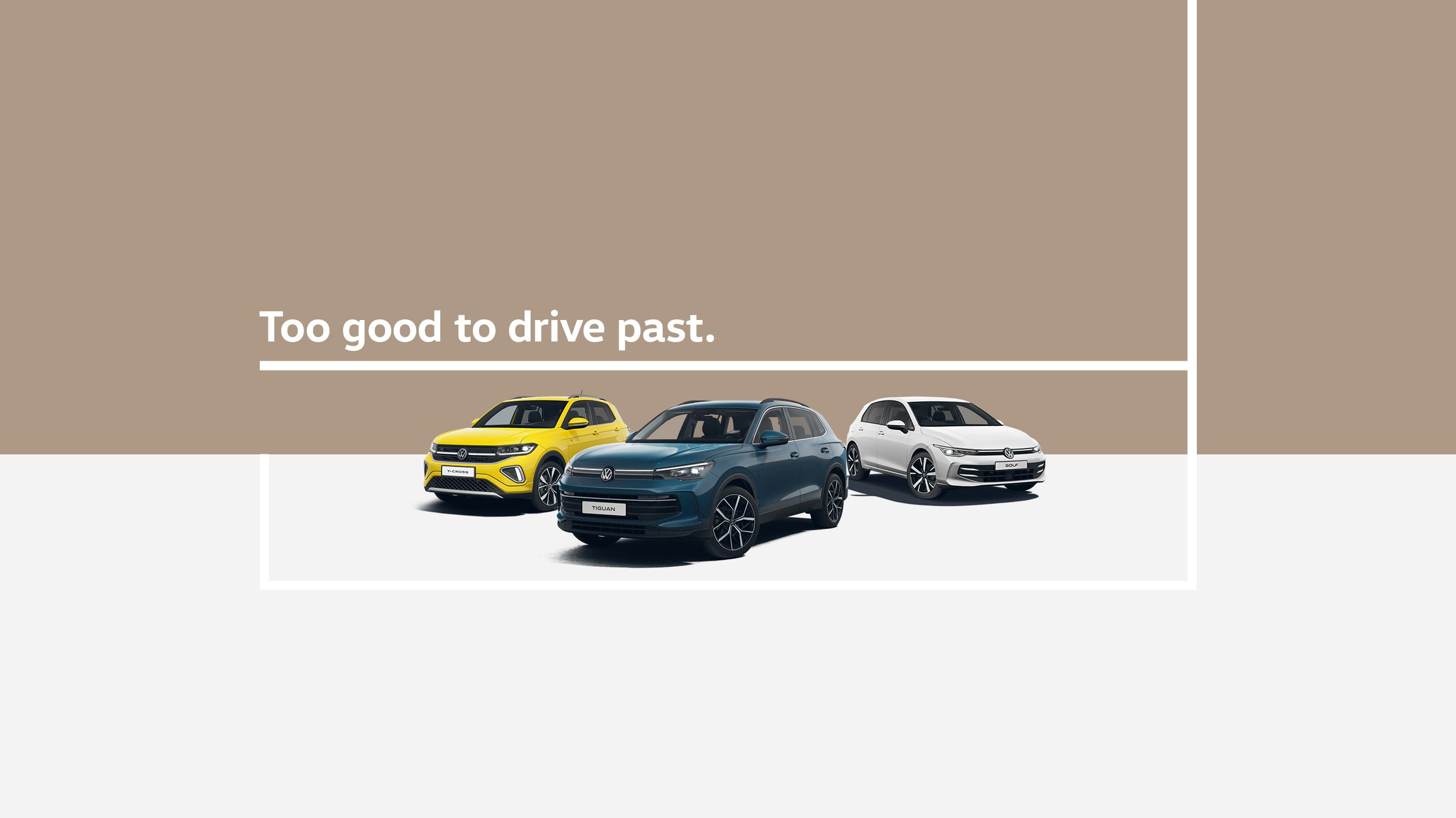 Image 2: The new Golf, T-Cross, and Tiguan models showcased against a muted background