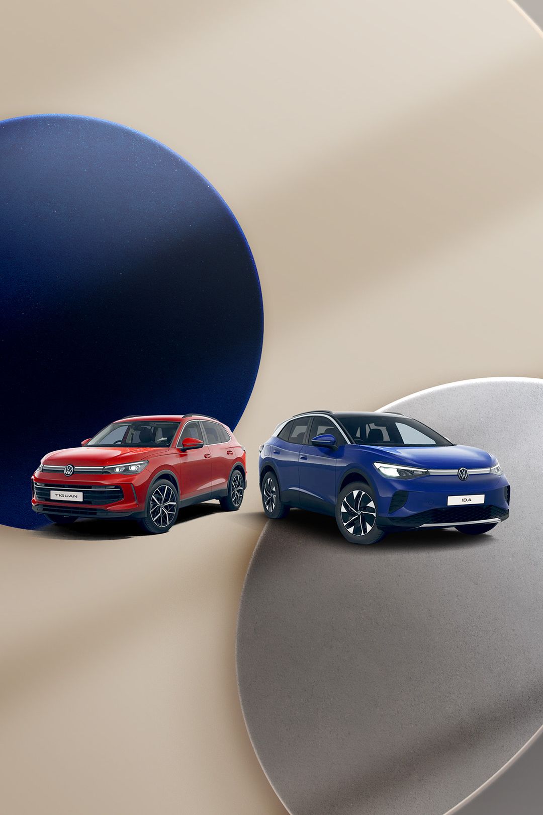 A red Tiguan and blue ID.4 against a unique looking background