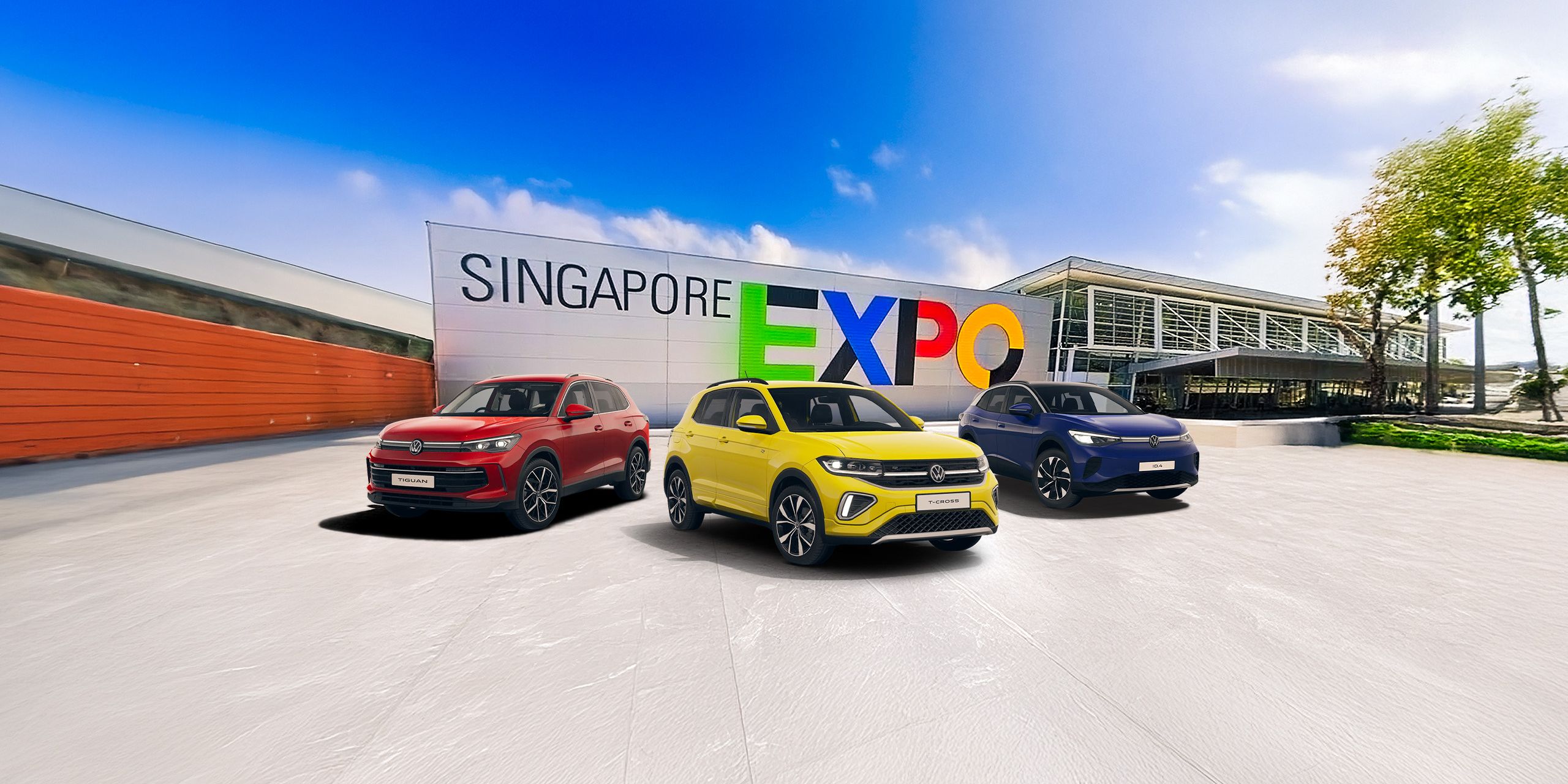 A range of Volkswagen car showcased in front of the Singapore Expo facade