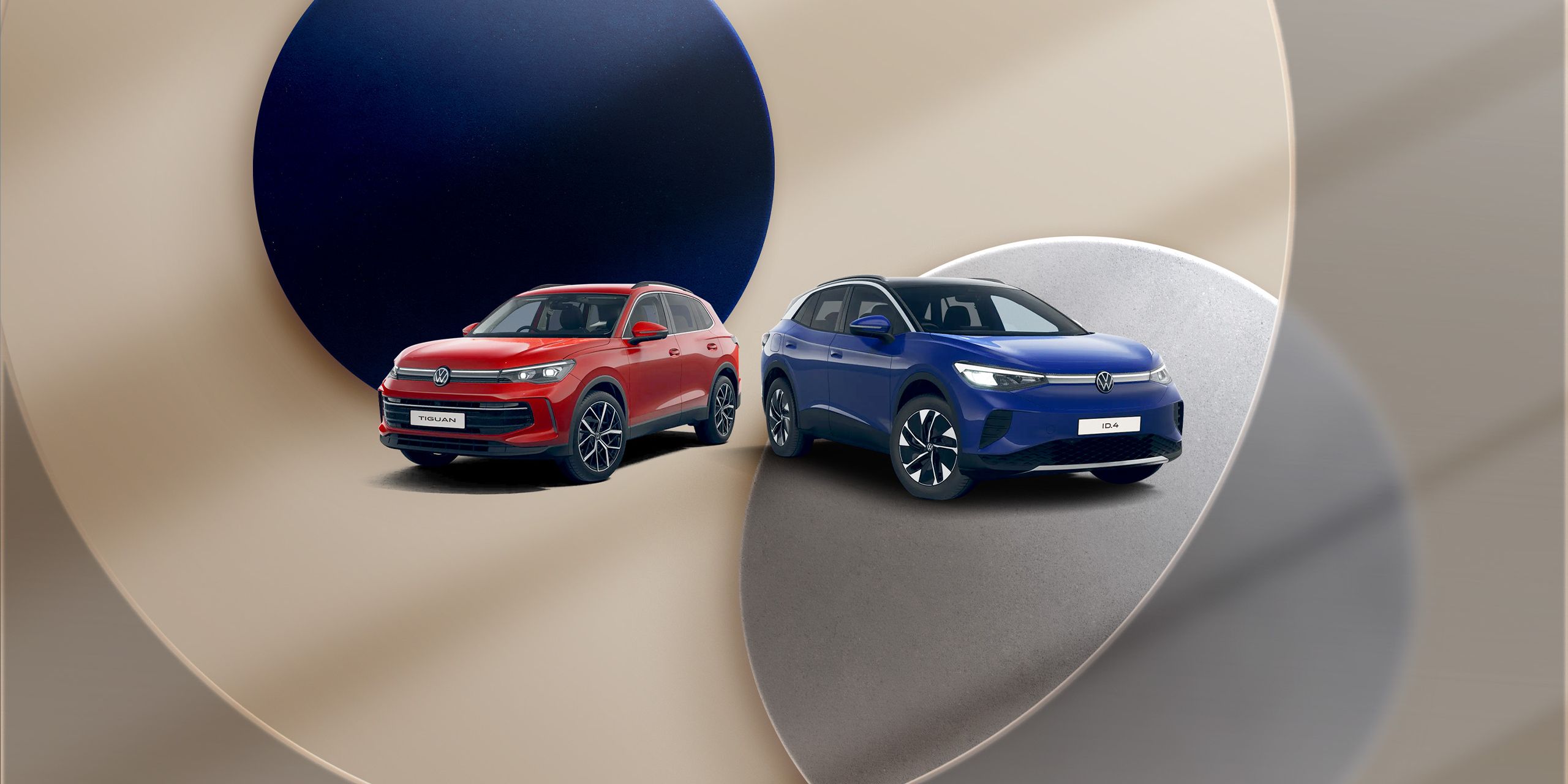A red Tiguan and blue ID.4 against a unique looking background