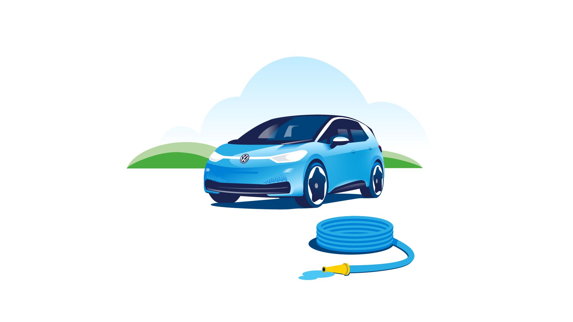 An illustration of a Volkswagen electric vehicle parked beside a hose.