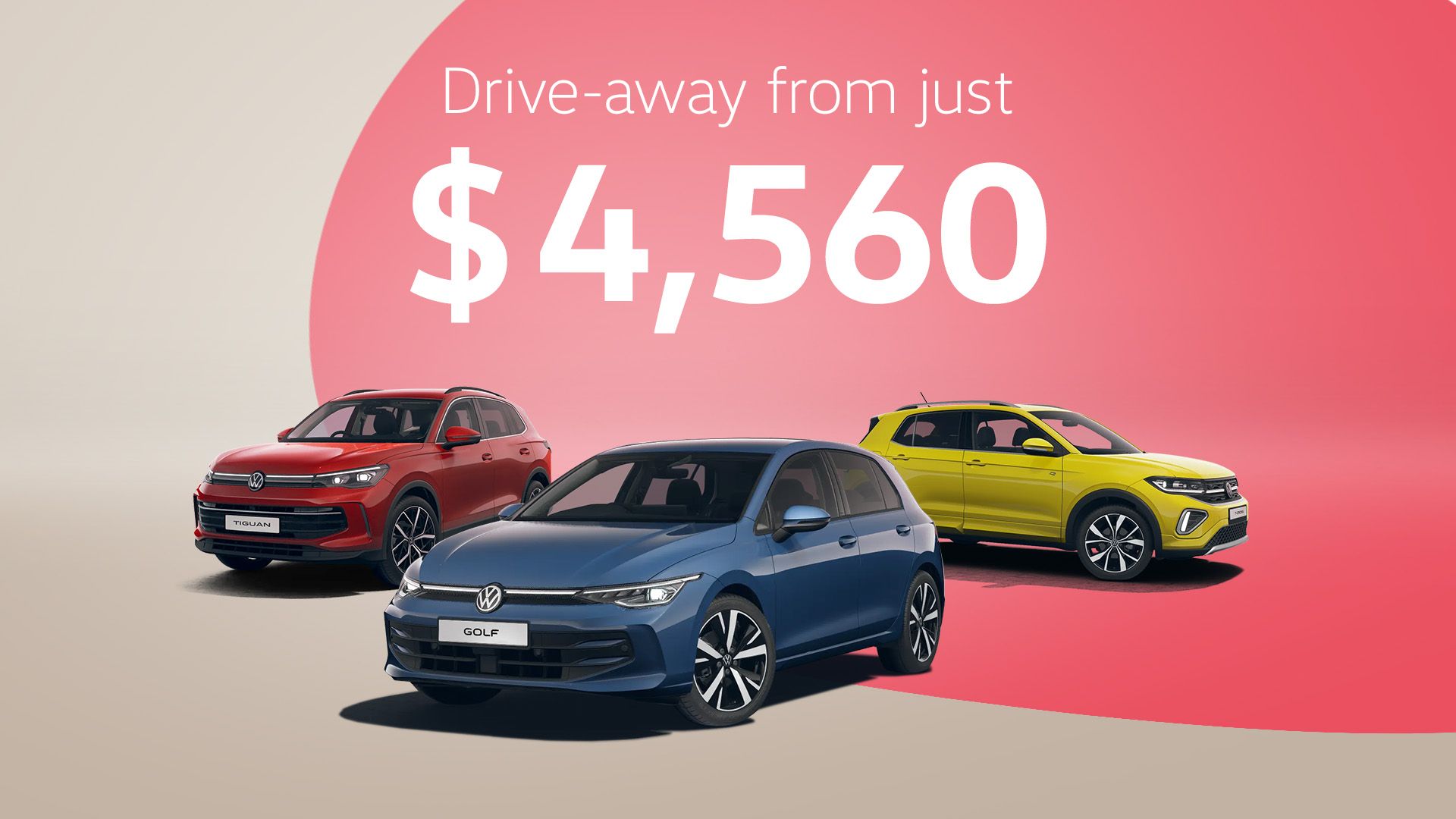A range of Volkswagen line-up against a fun bright background