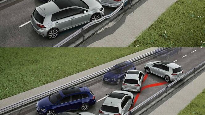 The blue car is applying the brakes to prevent mitigate a subsequent impact when is involved in a collision