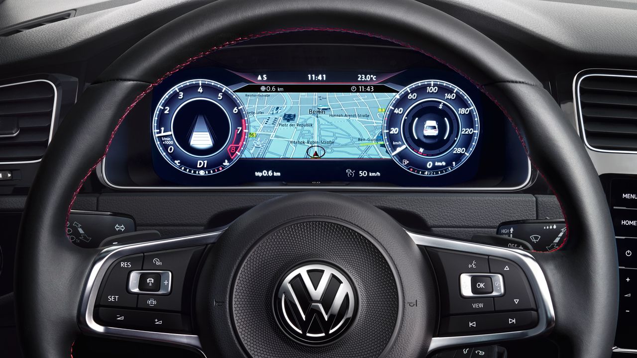 A close-up look on the Volkswagen digital cockpit highlighting the driver's Active Info Display.