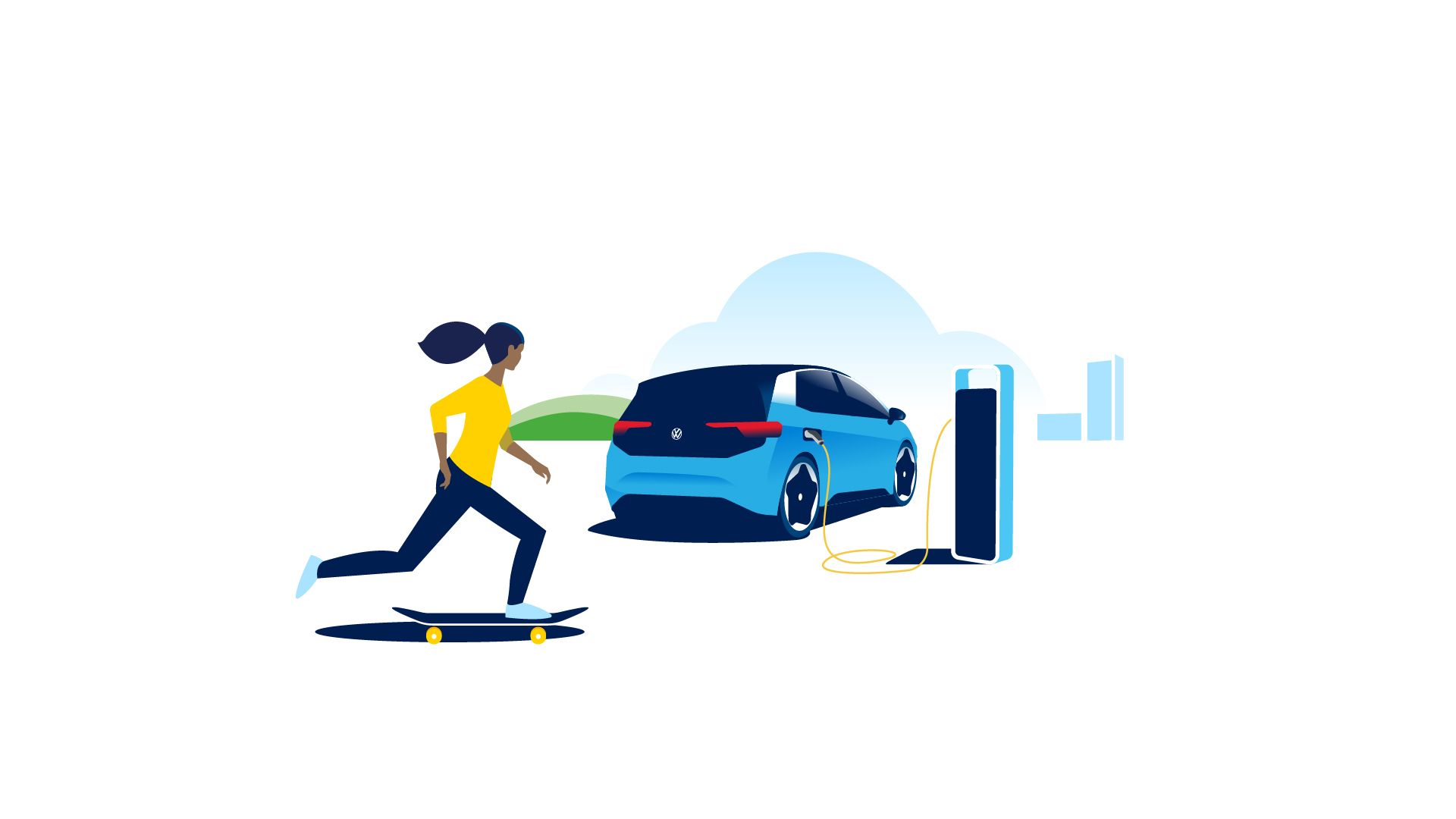 An illustration depicting a lady dressed in yellow skateboarding pass a charging Volkswagen electric vehicle.