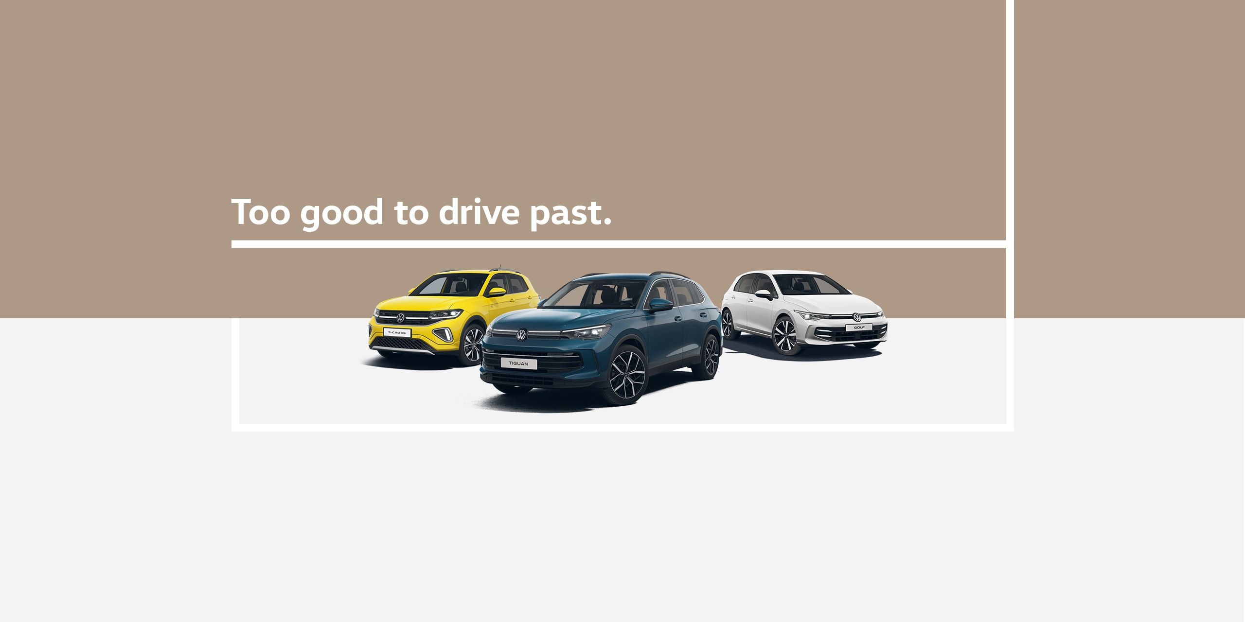 The new Golf, T-Cross, and Tiguan models showcased against a muted background