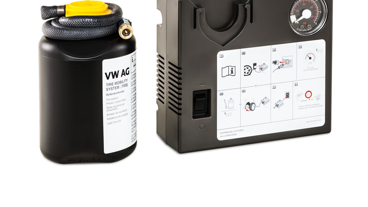 An etched out image of a tyre sealant and a 12-volt compressor system.