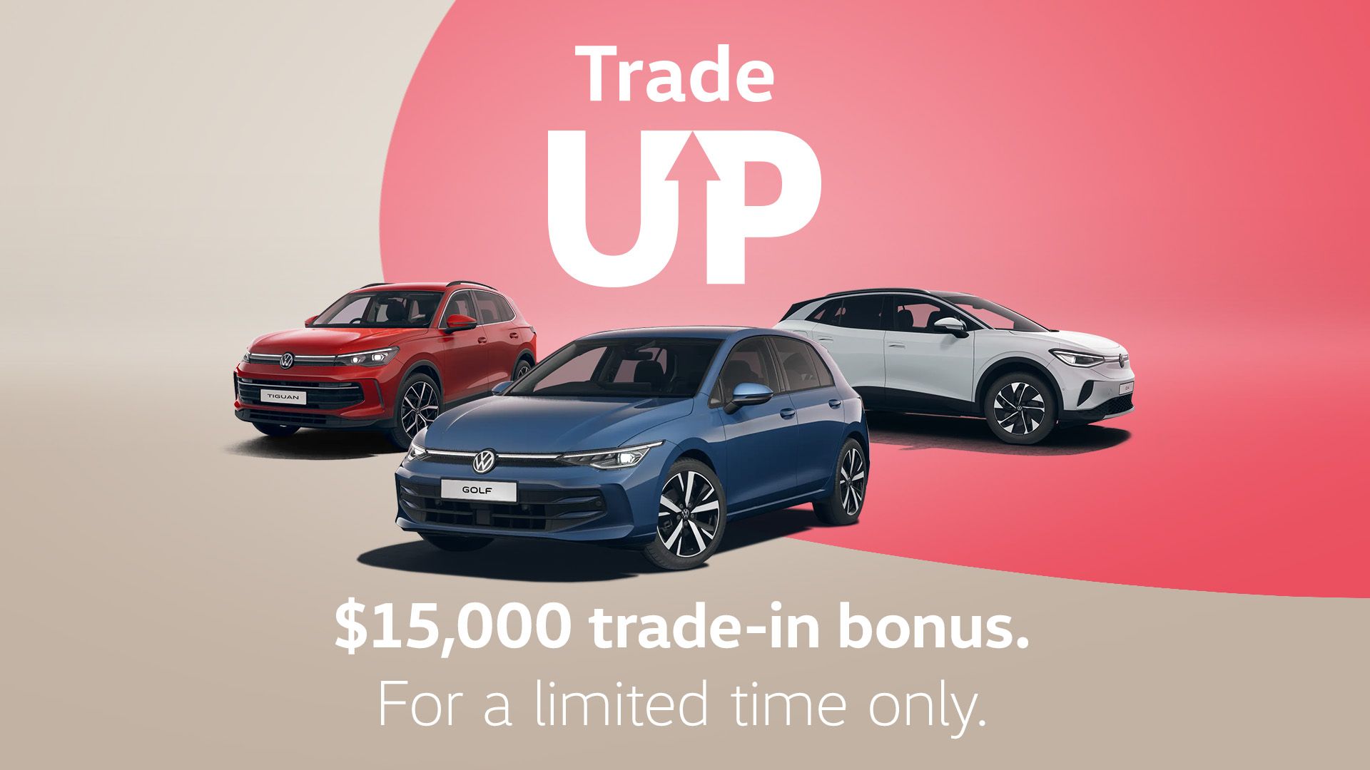 A range of Volkswagen line-up against a fun bright background