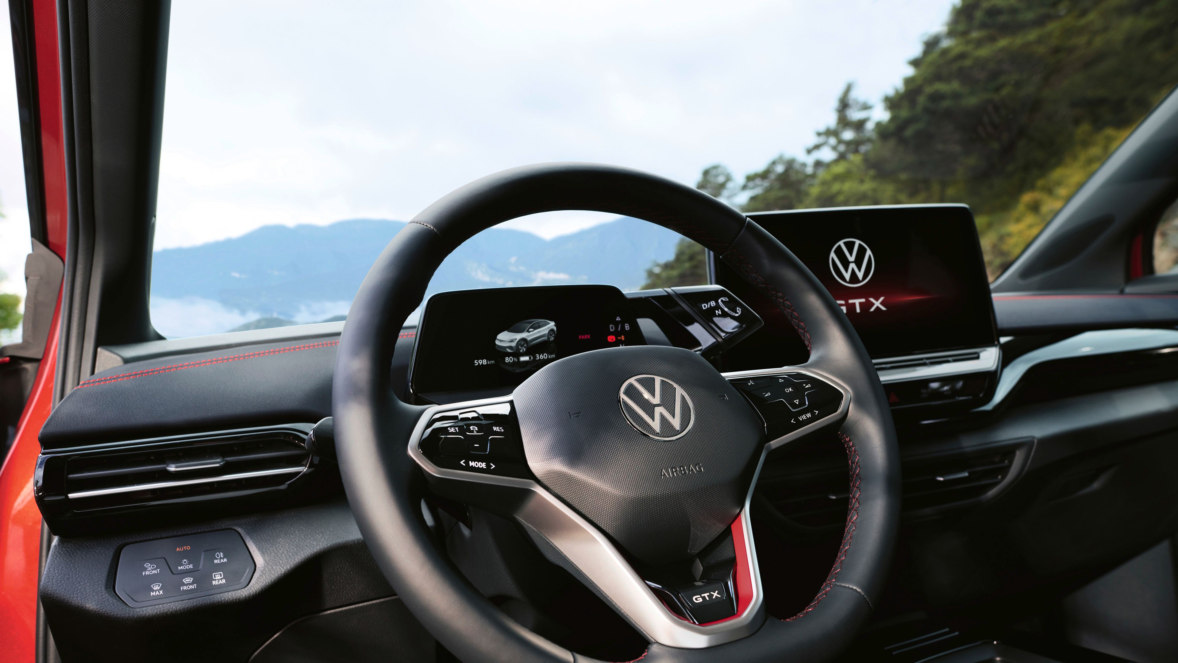A close up of the steering wheel of the Volkswagen ID.5 GTX that offers enhanced stability and traction