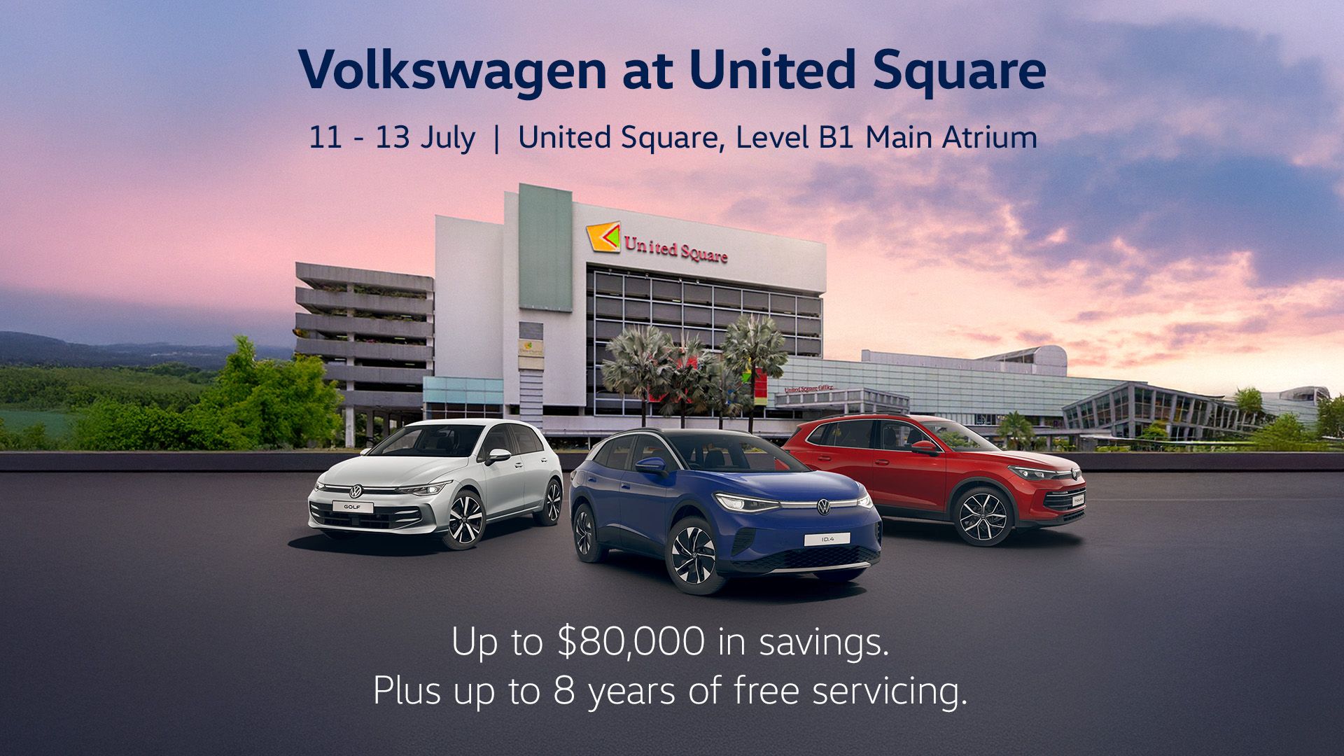 Volkswagen cars, from the Golf and ID.4 to the Tiguan, lined up in front of United Square.
