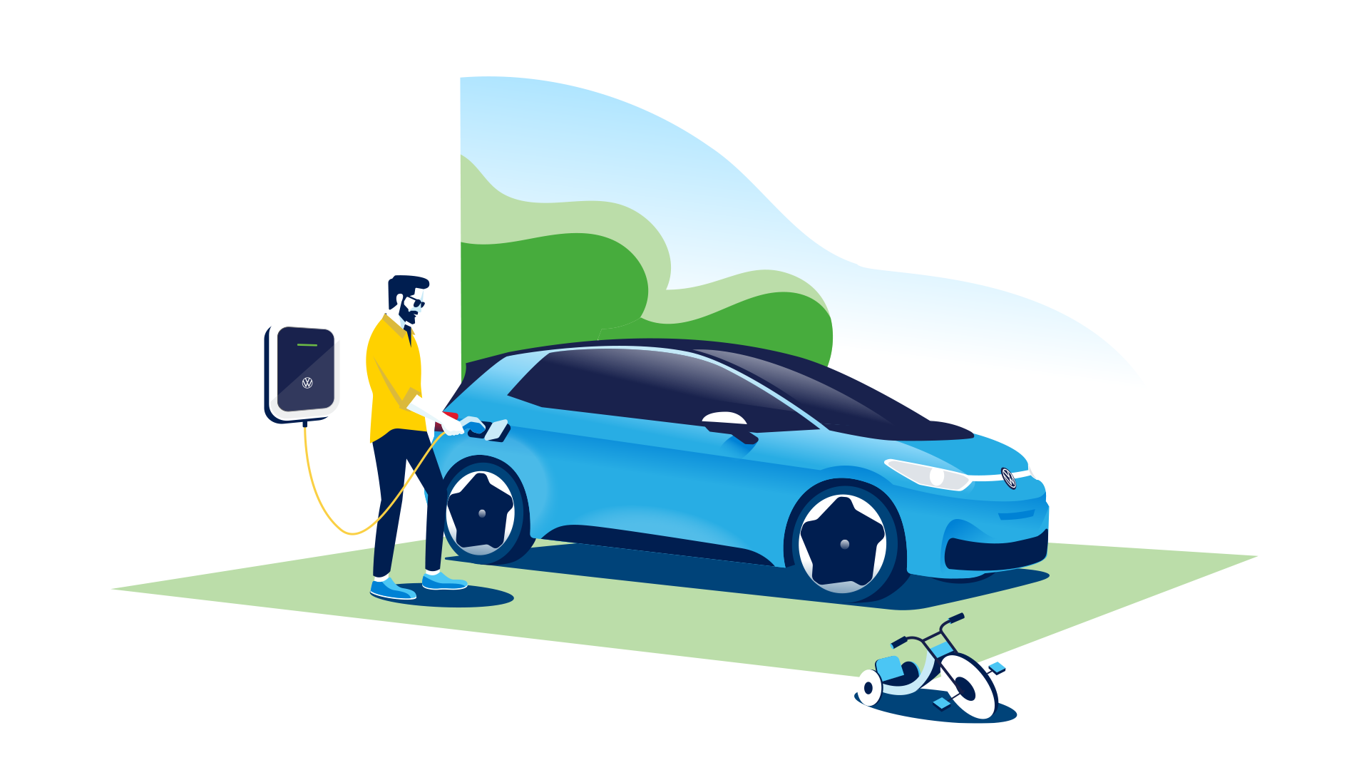 An illustration of a man wearing yellow shirt attempting to charge a Volkswagen electric vehicle beside a stylised wall.