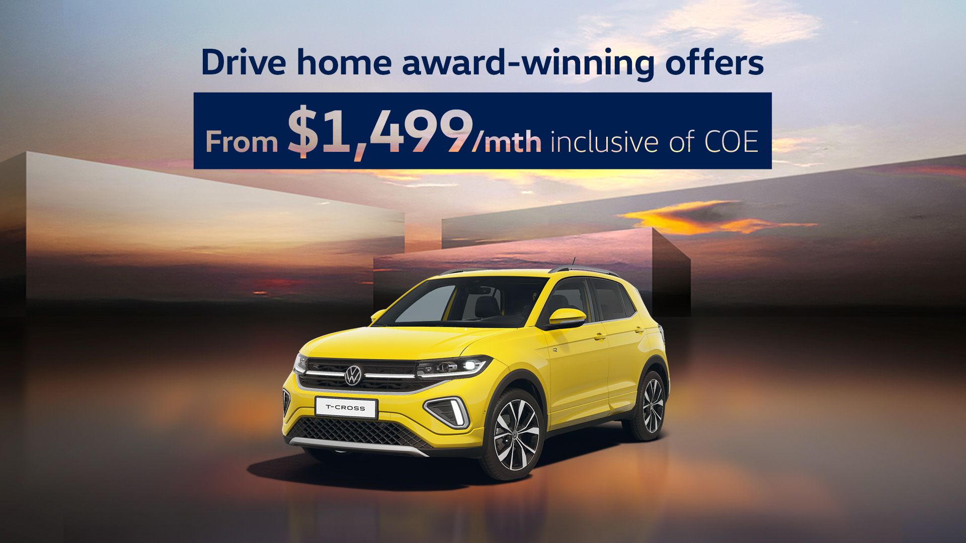 A yellow T-Cross showcased against a beautiful sunset