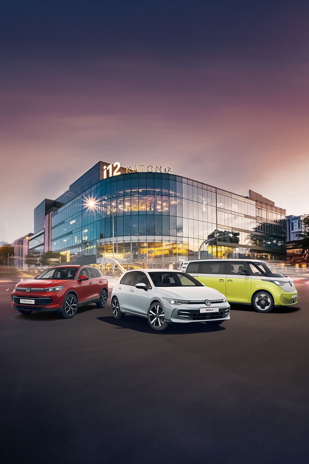 The Golf, Tiguan and ID. Buzz lined up in front of the i12 Katong facade