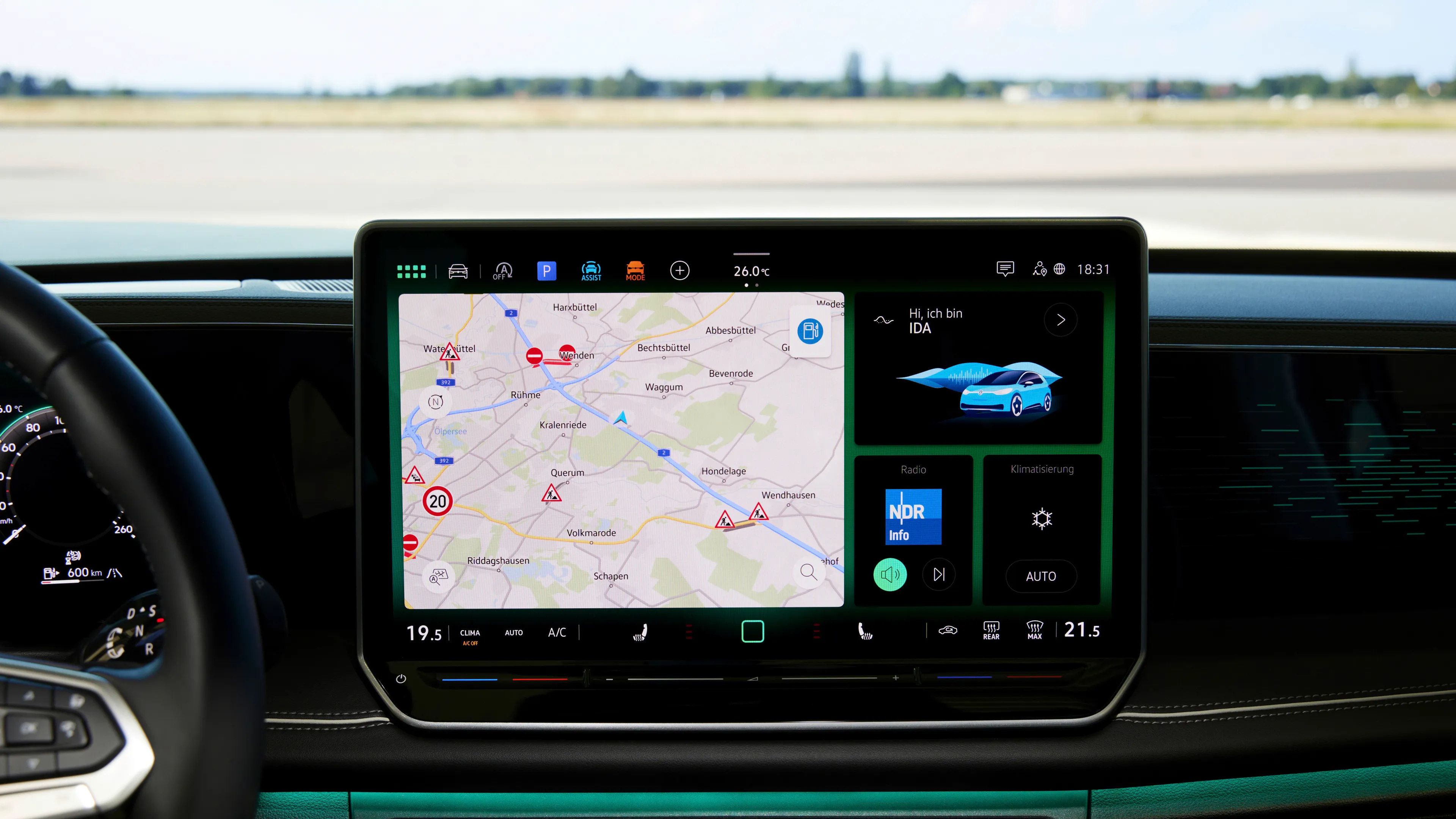 A close-up look of the Volkswagen Tiguan's all-digital instrument cluster and multifunction touch-control steering wheel.
