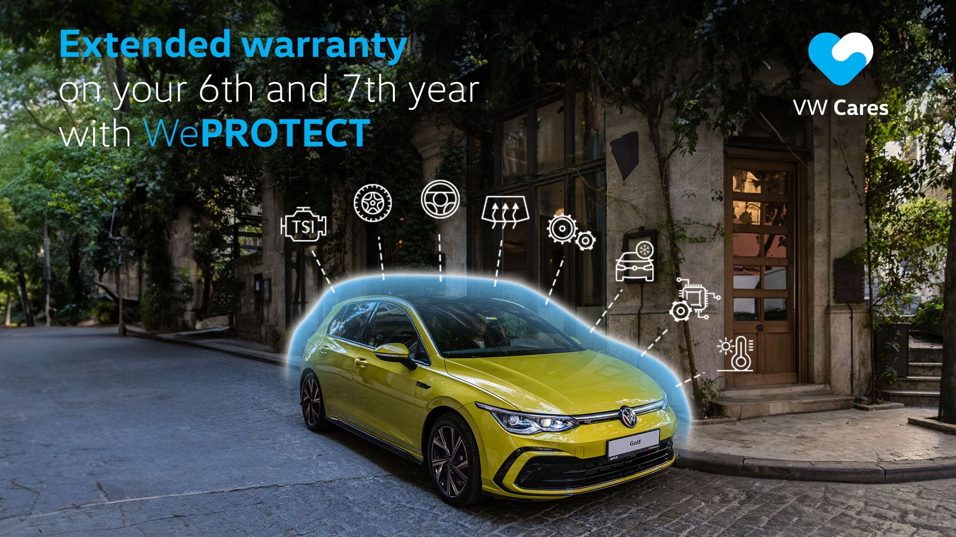 A lifestyle shot of a yellow Volkswagen Golf parked on the side of the road in an urban outdoor setting.
