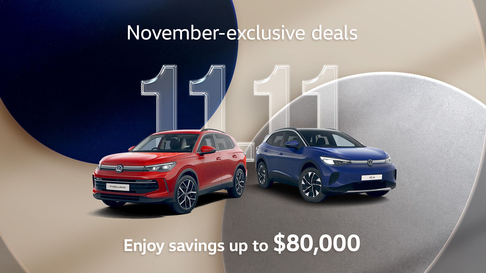 A red Tiguan and blue ID.4 displayed against an abstract background