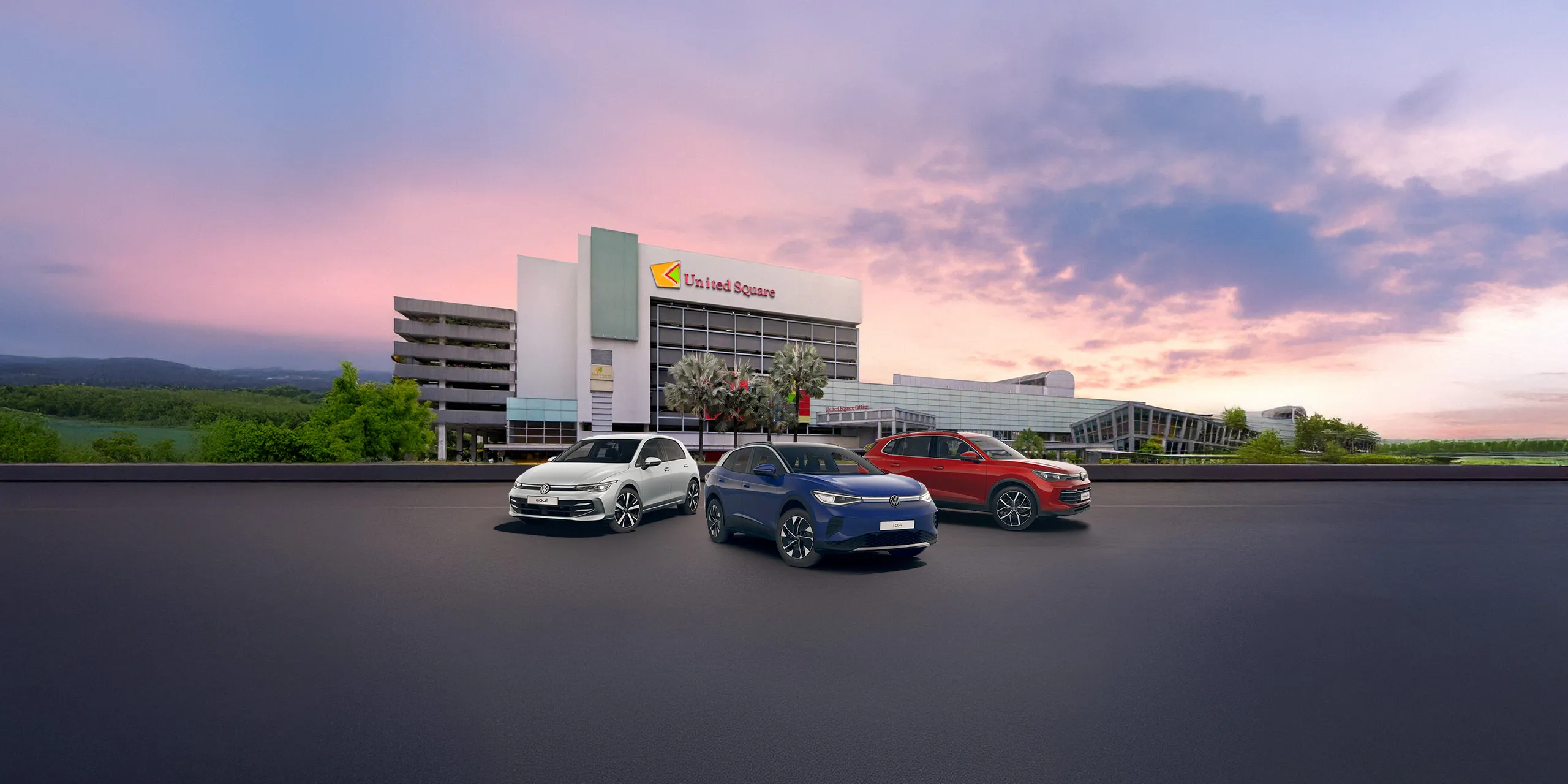 Volkswagen cars, from the Golf and ID.4 to the Tiguan, lined up in front of United Square.