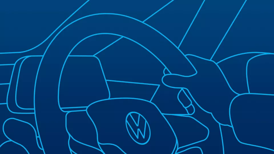 A vector image depicting an individual handling the steering wheel of a Volkswagen vehicle.