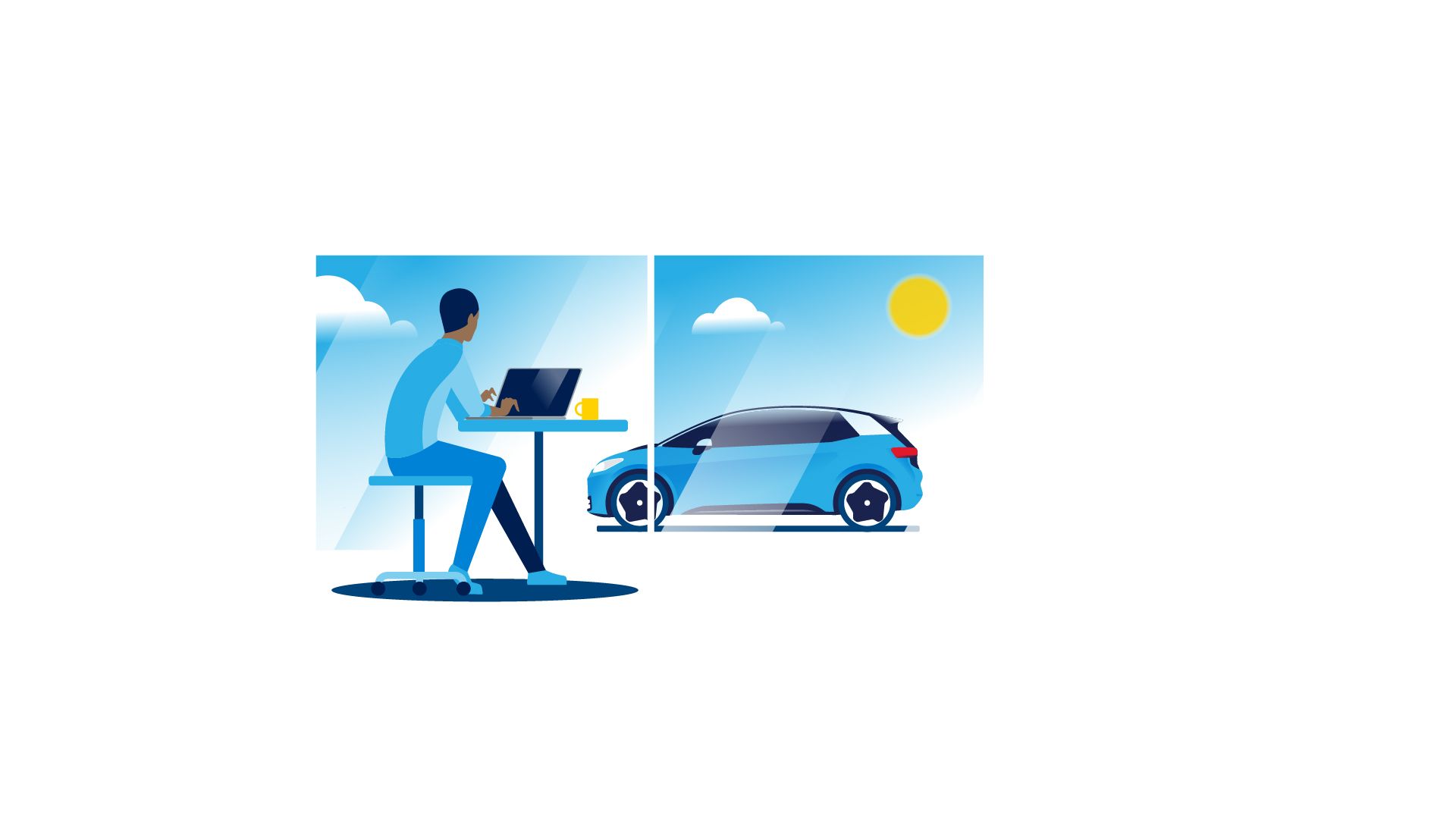 Illustration of a man looking at laptop with volkswagen in the background