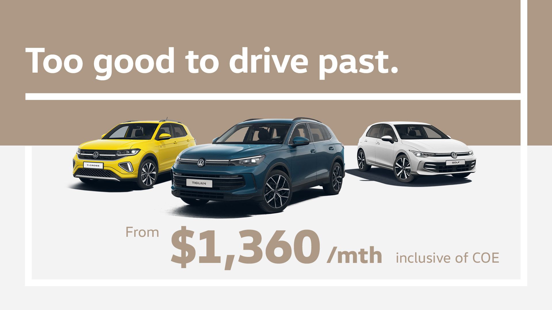The new Golf, T-Cross, and Tiguan models showcased against a muted background