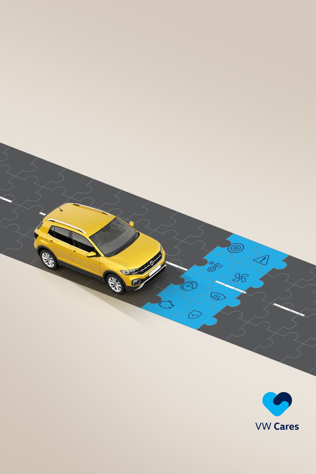 A yellow T-Cross on a jigsaw puzzle road  