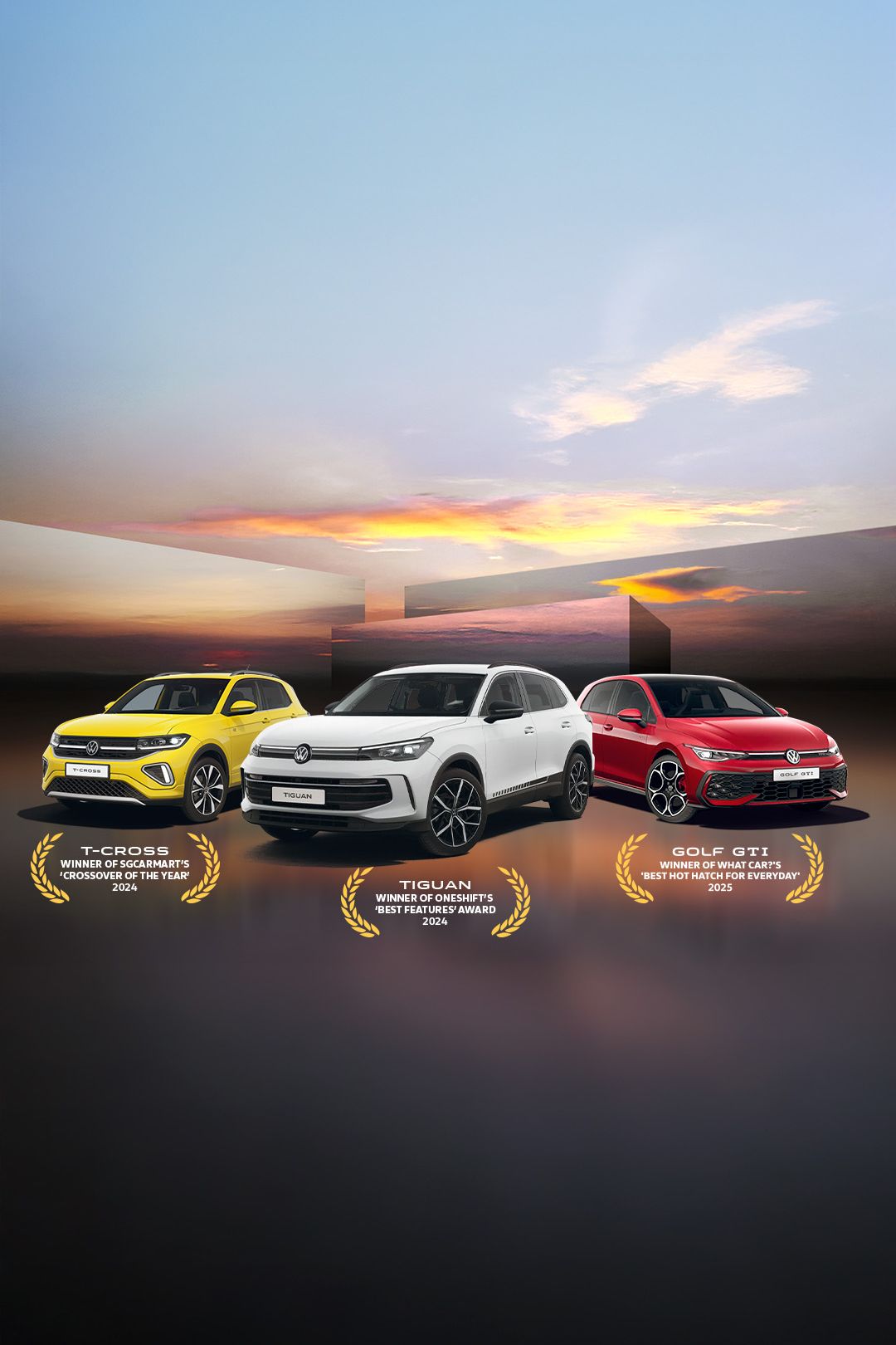 A yellow T-Cross, white Tiguan and red Golf GTI showcased against a beautiful sunset