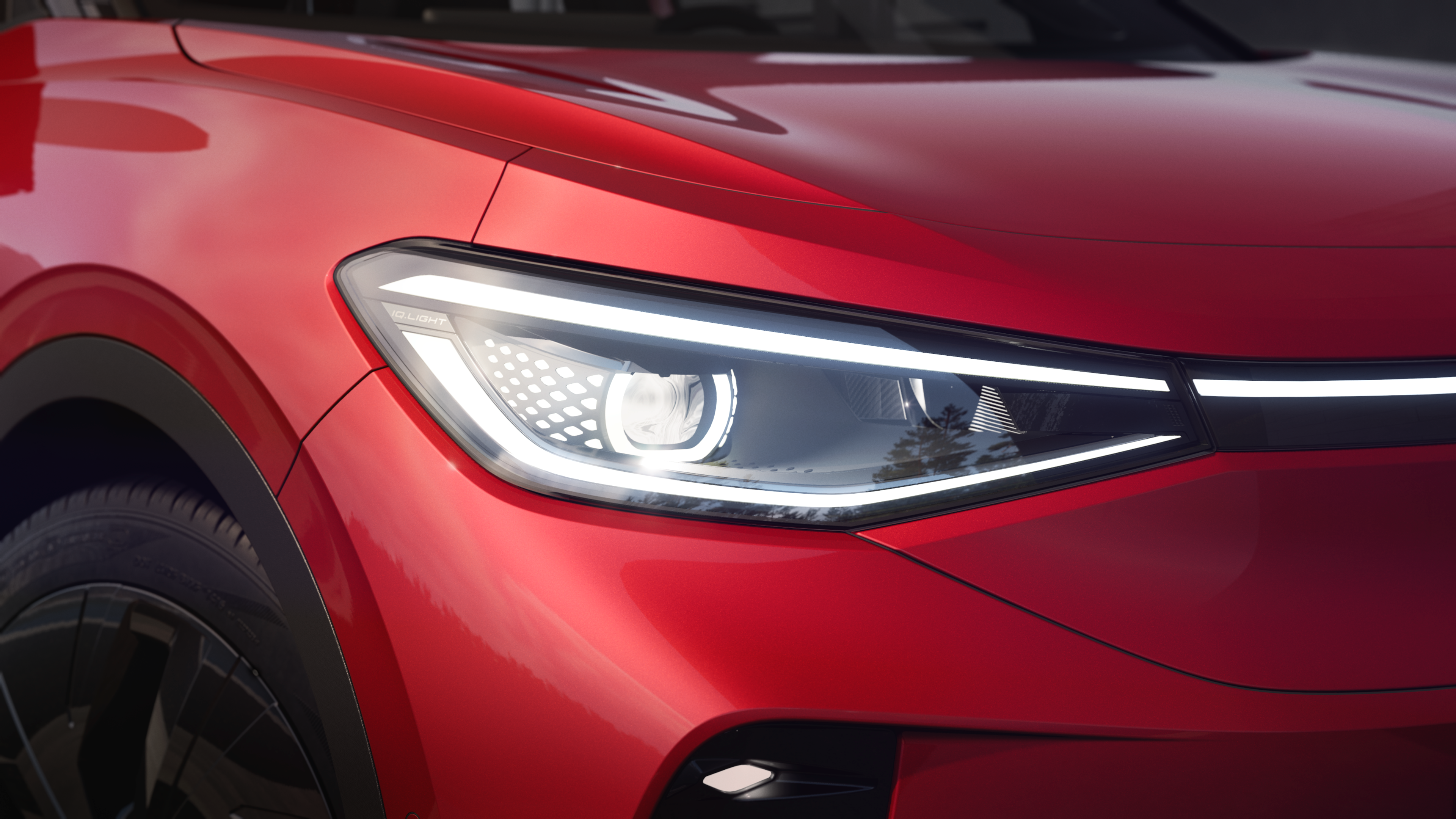 A close up IQ.LIGHT LED matrix headlights of the Volkswagen ID.5 GTX