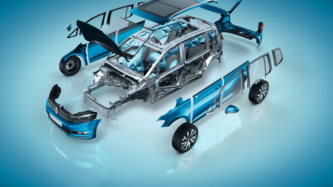 An image of an organised component disassembling of a Volkswagen vehicle.