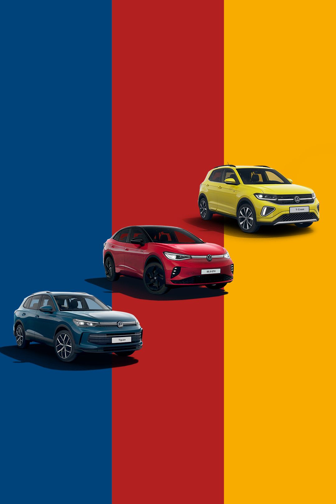 A range of Volkswagen showcased against a vibrant and colourful background
