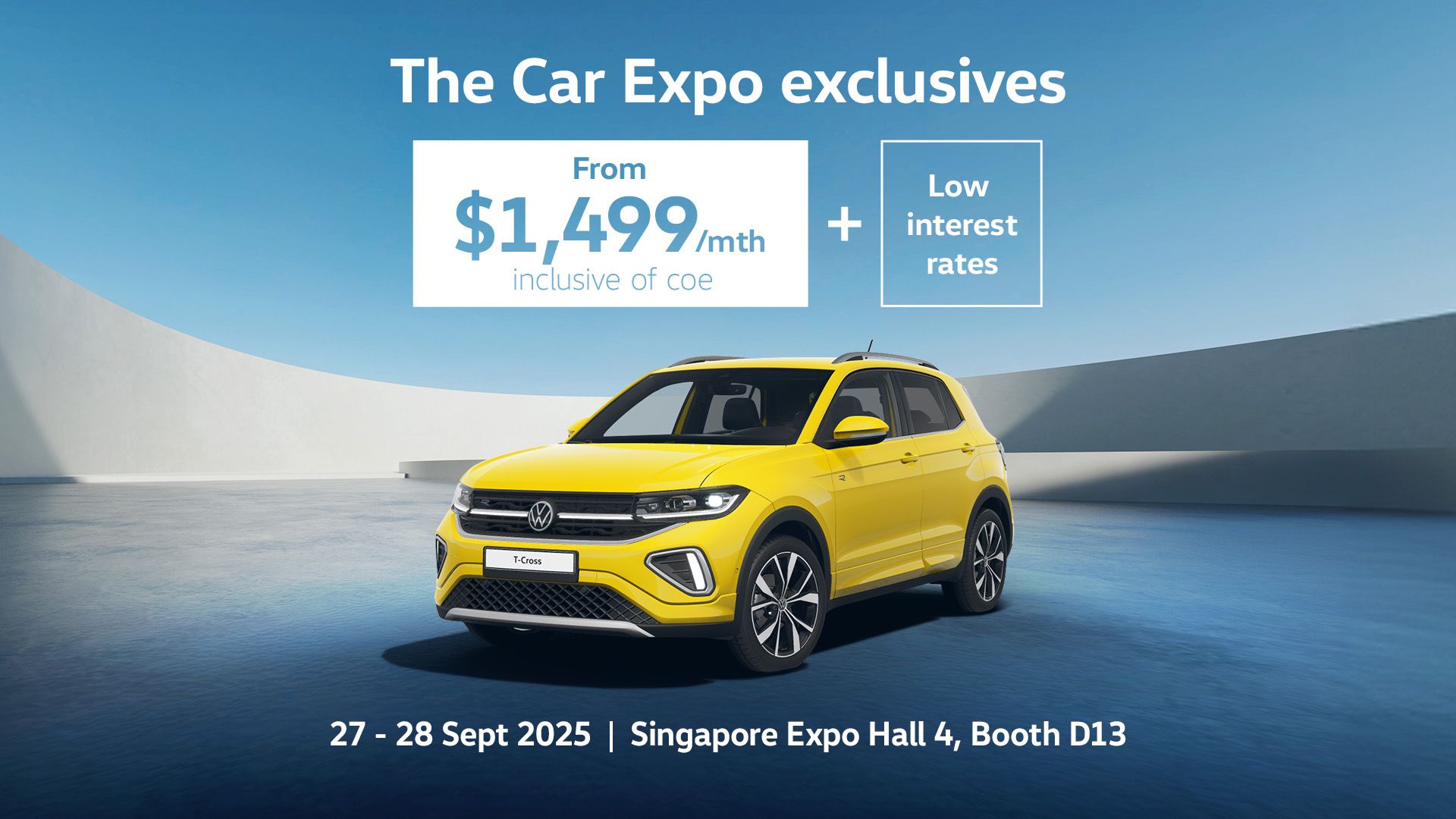 A yellow T-Cross against a futuristic parking spot