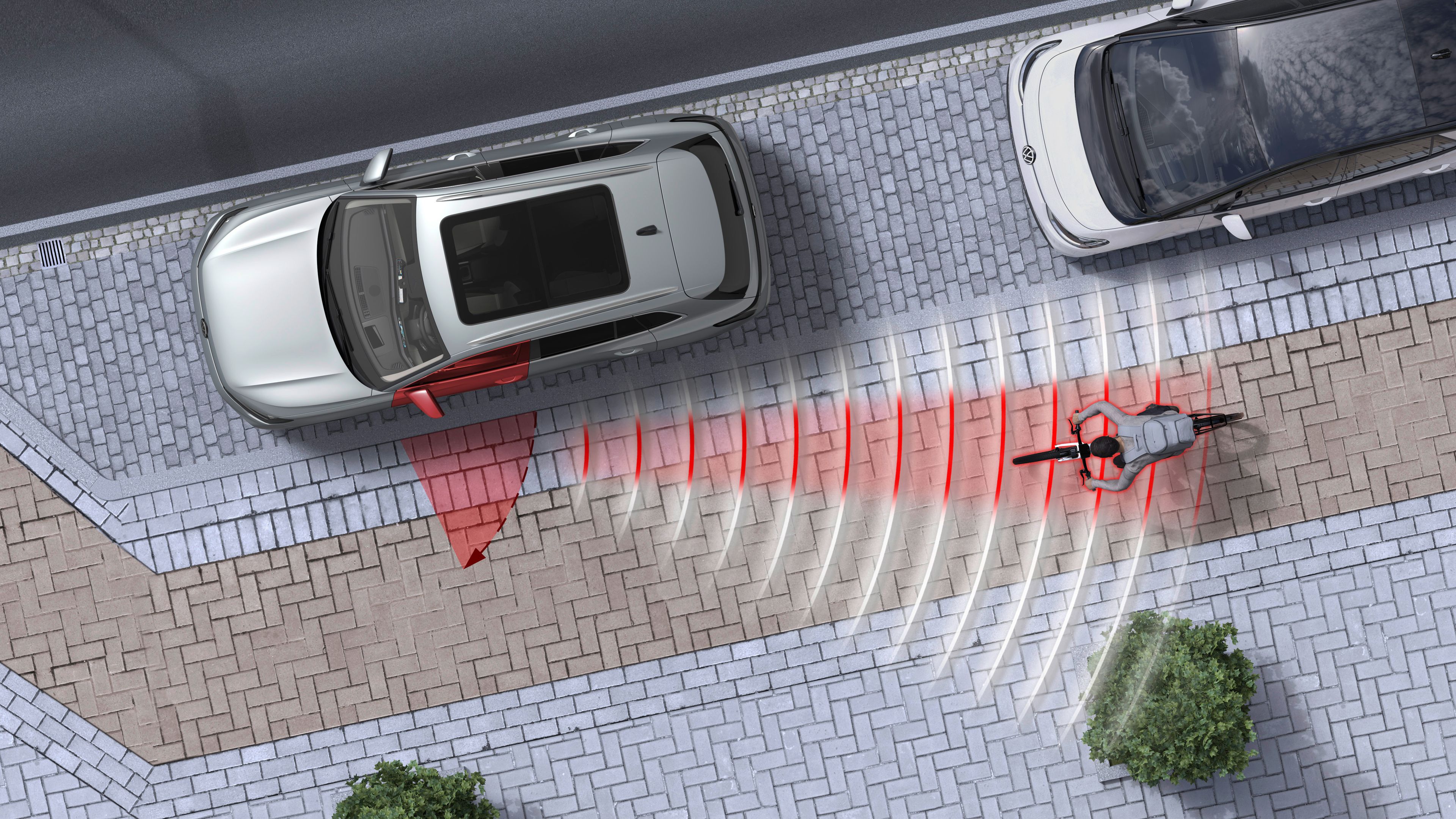 An image depicting a Volkswagen vehicle detecting a person riding a bicycle riding in close proximity with said vehicle.