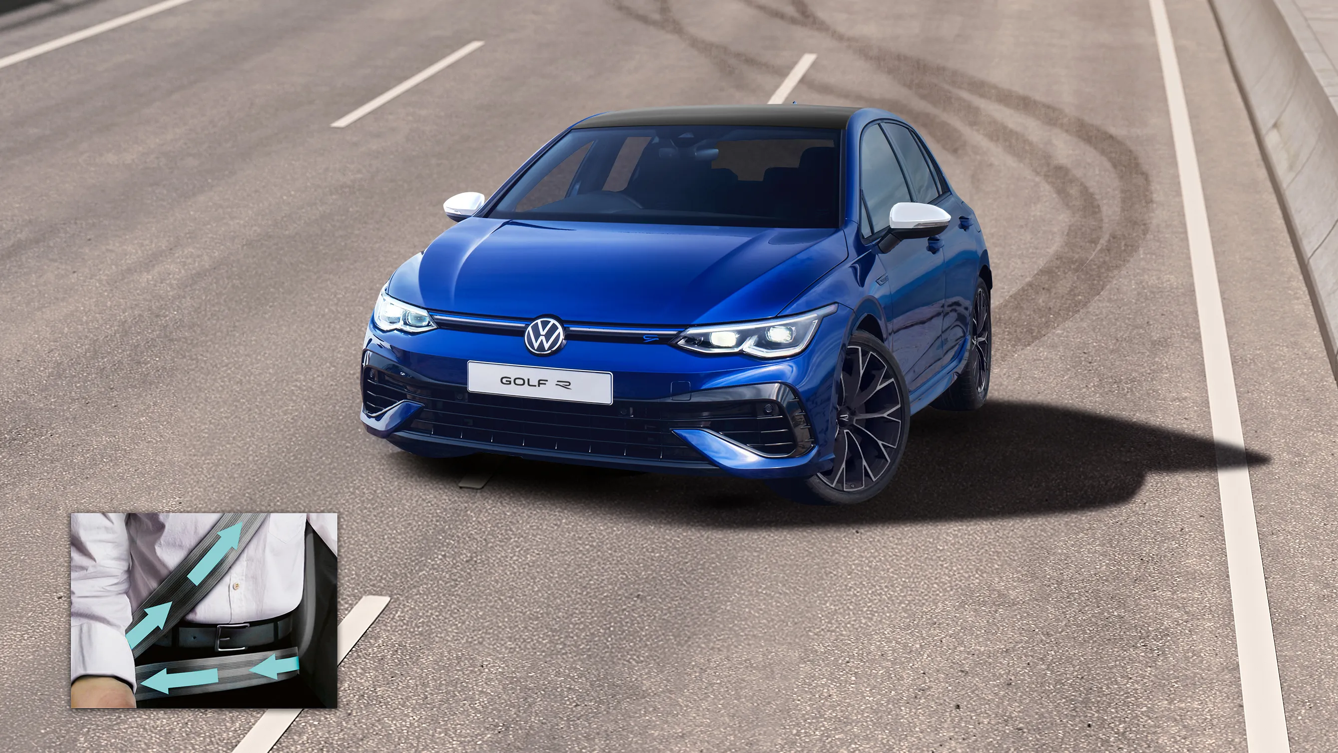 A blue Golf R skidding on the highway