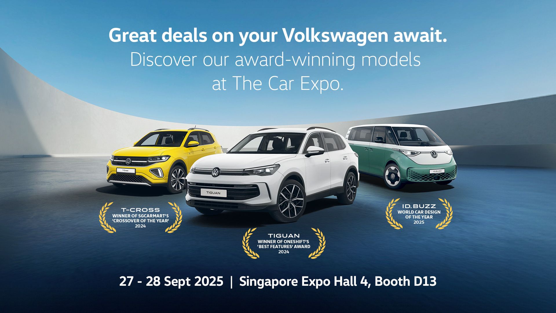 A white Tiguan, yellow T-Cross and candy white green ID. Buzz against a futuristic parking spot