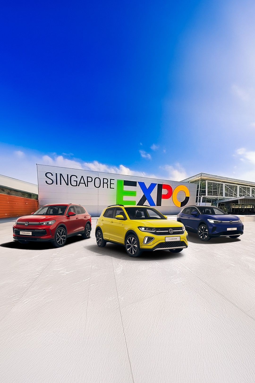 A range of Volkswagen car showcased in front of the Singapore Expo facade
