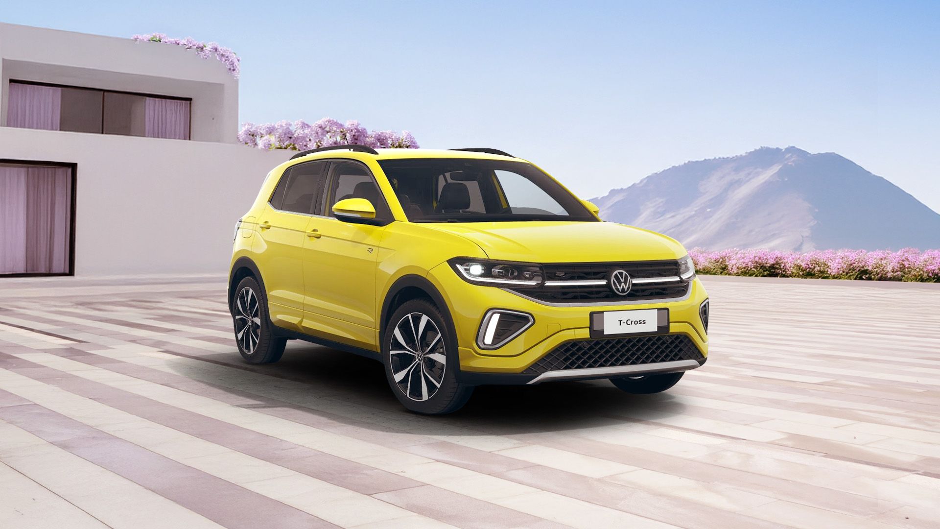 The T-cross showcased against a scenic pastel background