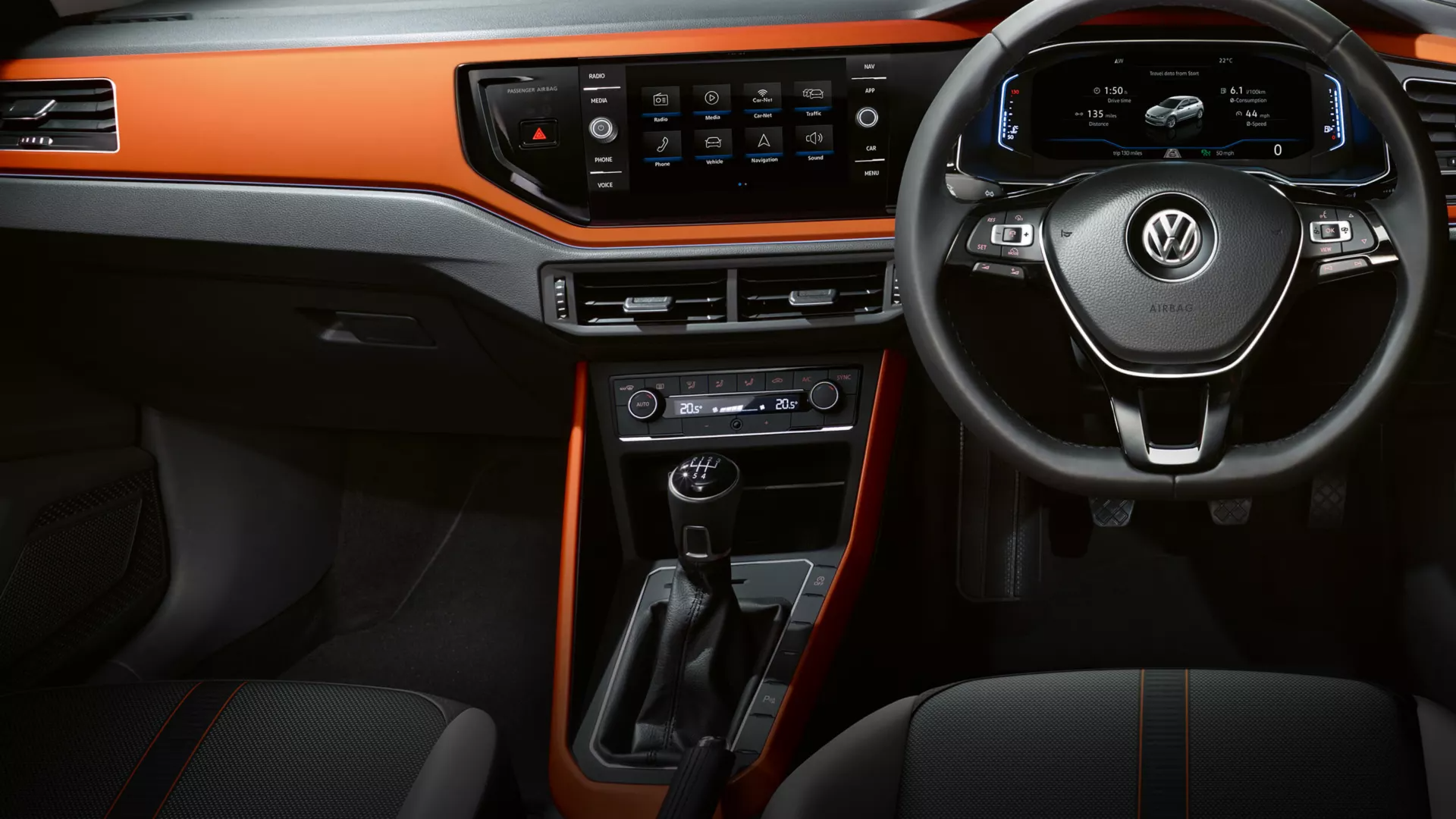 A close-up look of a Volkswagen vehicle's modern digital cockpit.