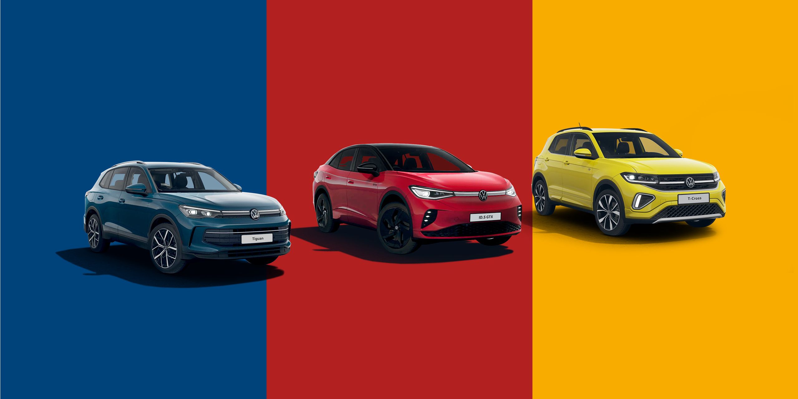 A range of Volkswagen showcased against a vibrant and colorful background