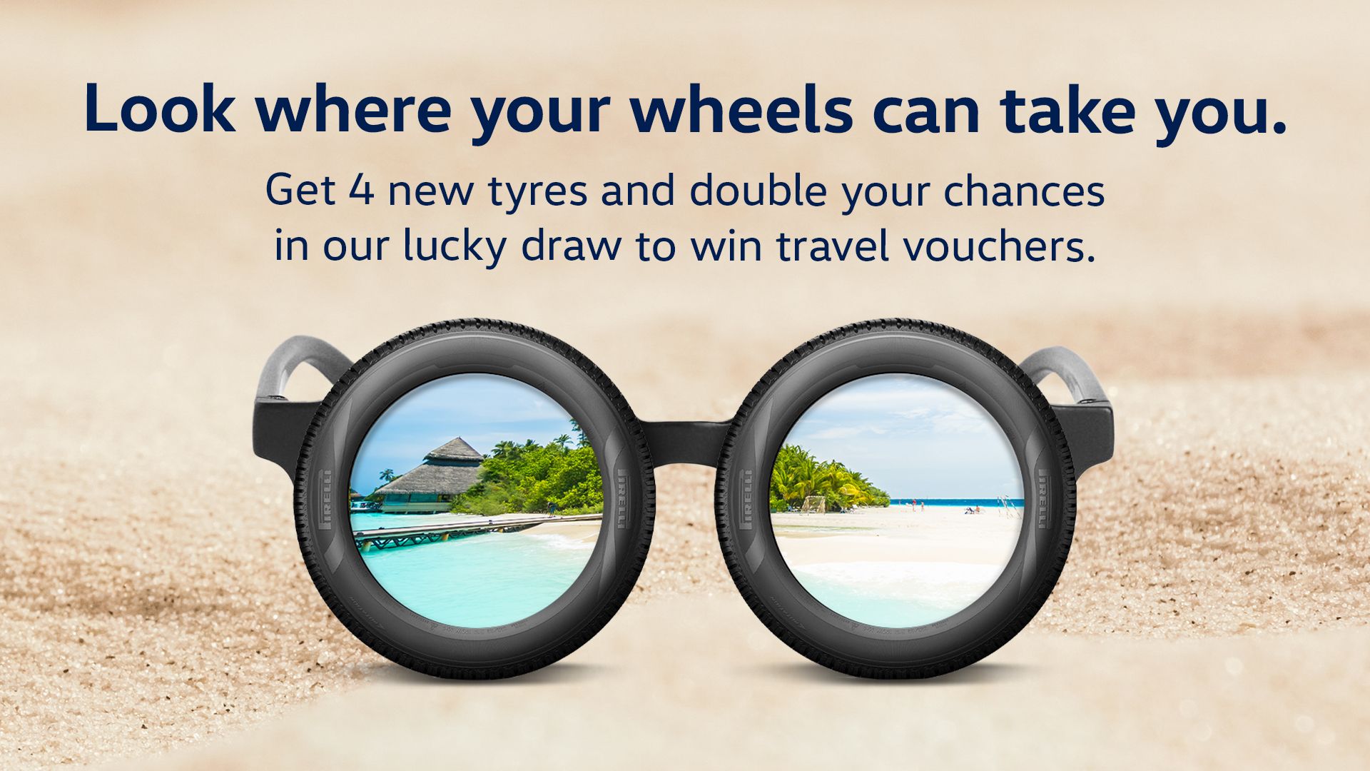 A beach getaway destination reflected on glasses with tyre rims